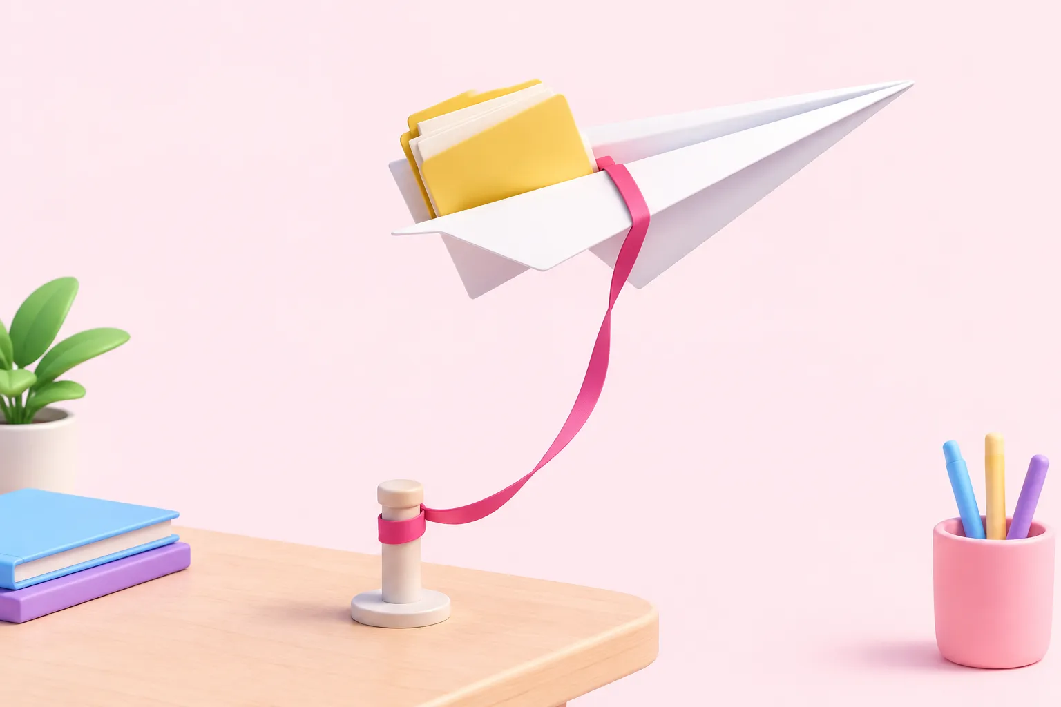 A paper airplane held mid-air by a ribbon around an anchor post, with a folder under one wing, showing the n8n Wait node.