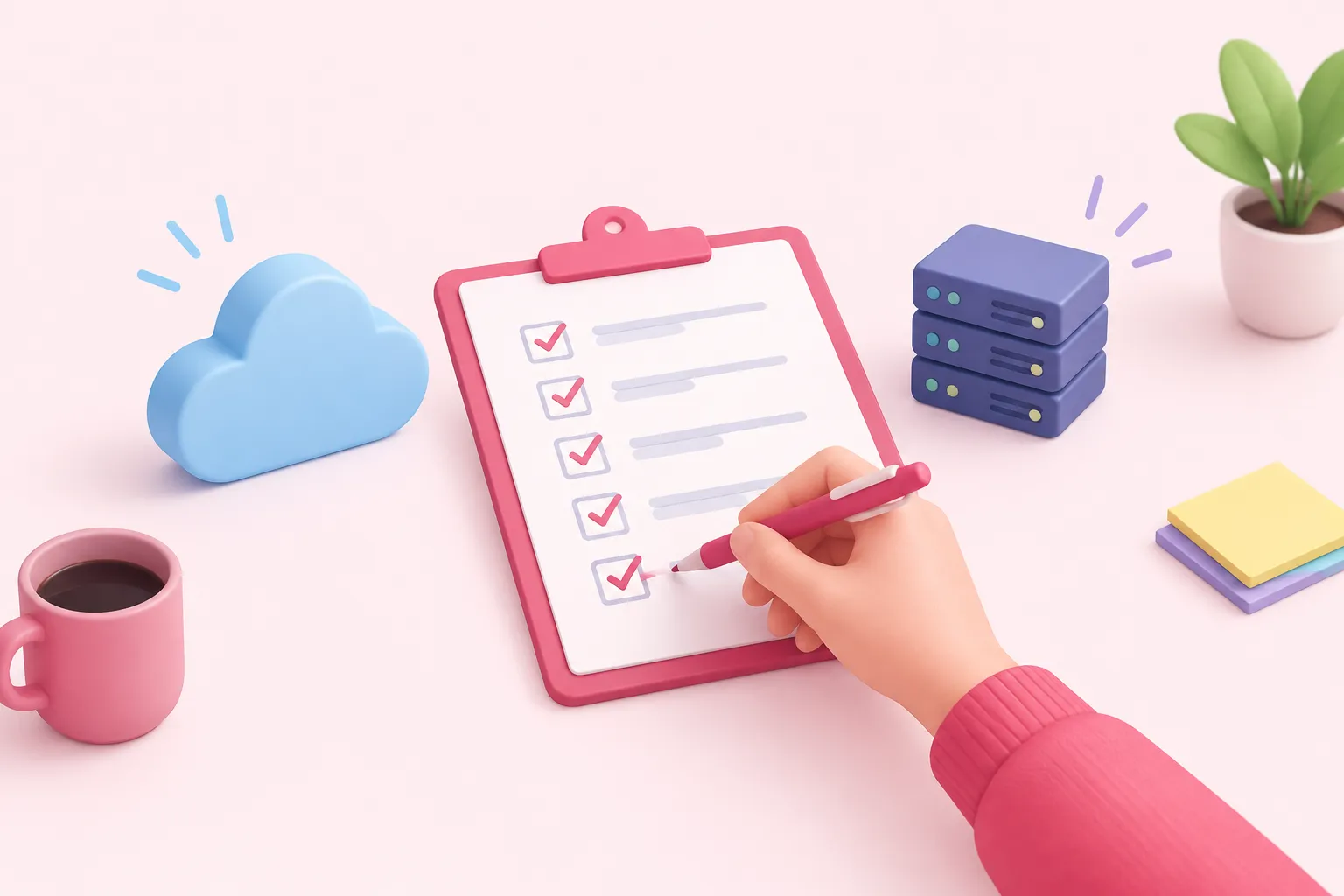 A hand ticking checklist boxes with a cloud object and a server object nearby, representing final install recommendations.