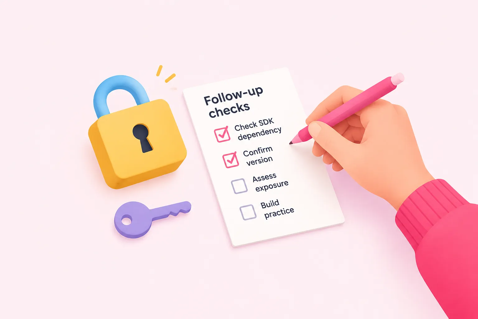 A hand checks items on a list beside a padlock, showing suggested follow-up steps for n8n teams.