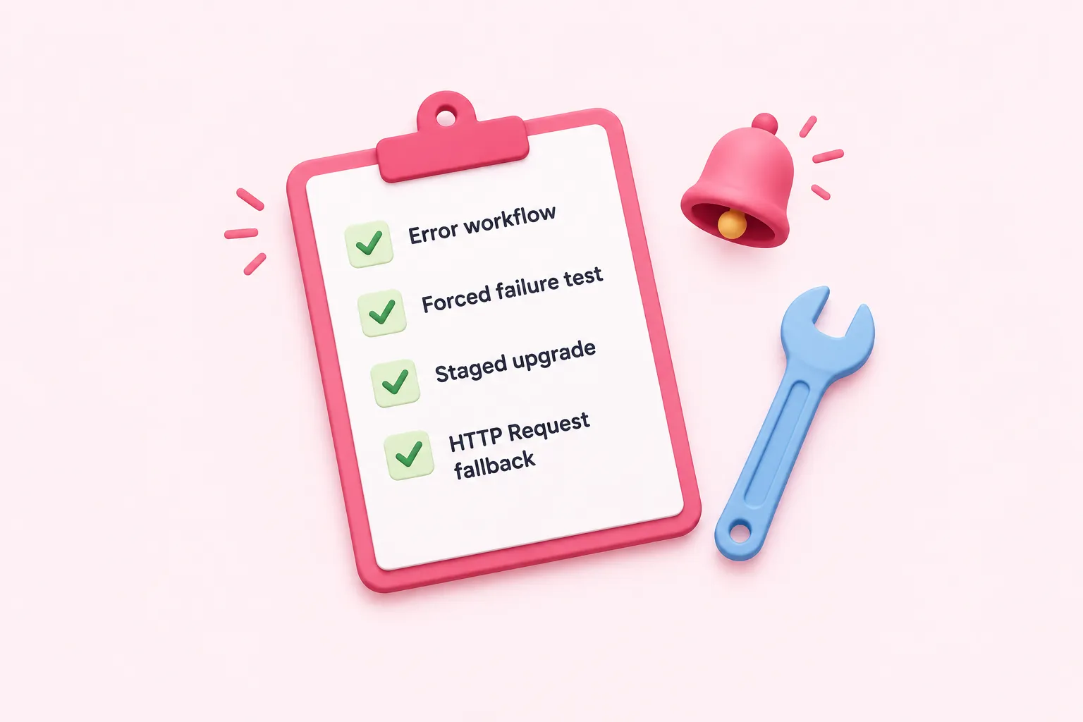 A clipboard checklist with error workflow, forced failure test, staged upgrade and HTTP Request fallback, next to a bell and a wrench.