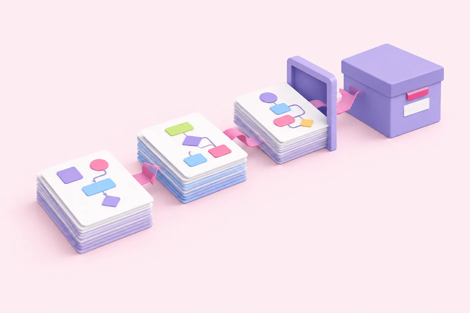 Workflow page bundles pass through a sorting gate into a local inventory archive.