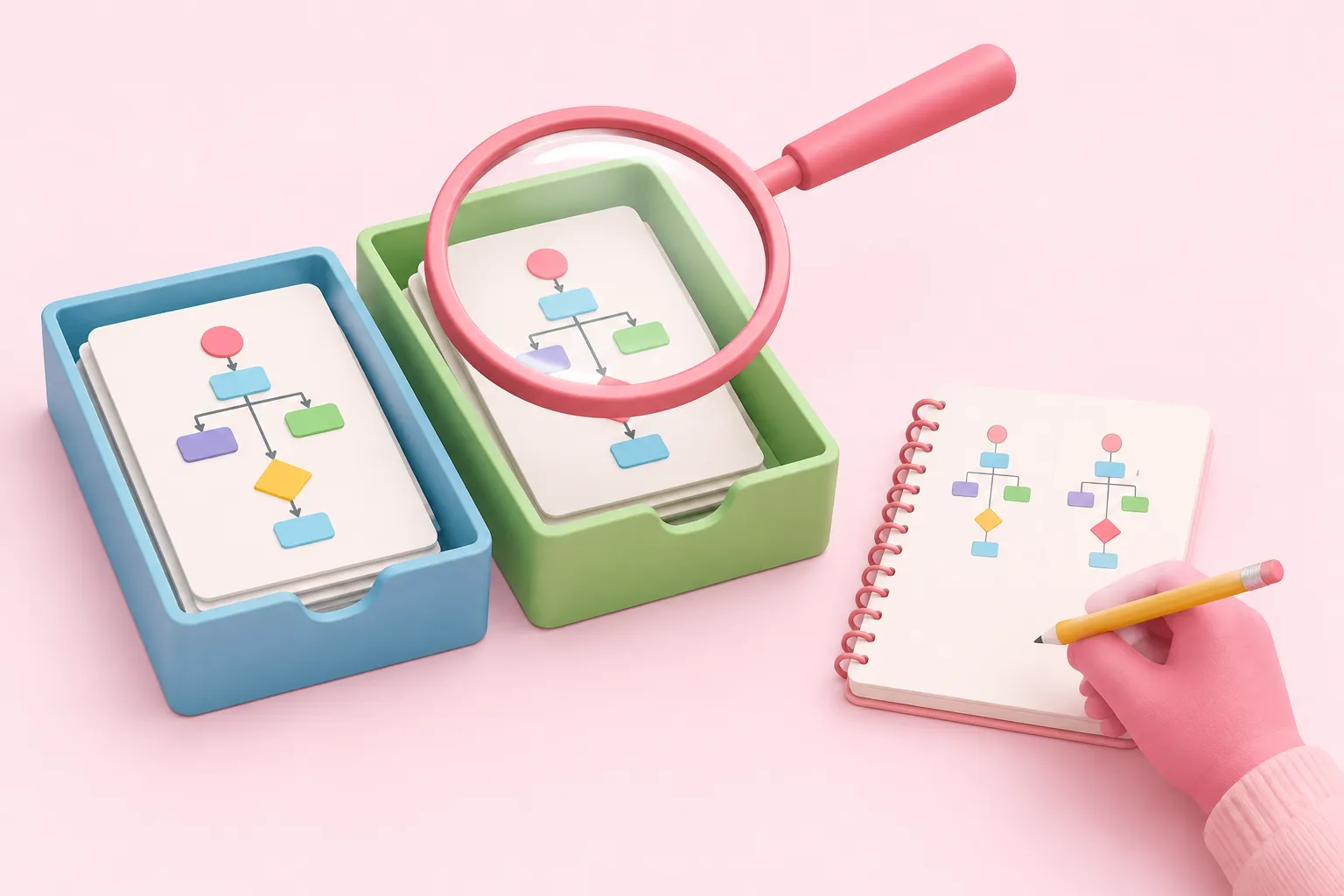 A magnifier and two filing trays represent collecting and comparing an n8n API workflow inventory.