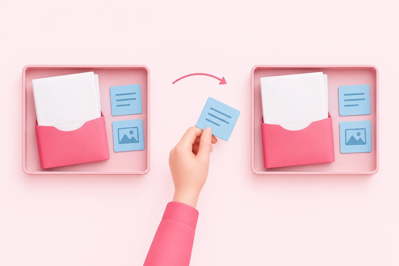 A hand changes a blue paper slip between two trays while a folded document in a pink sleeve passes between them.
