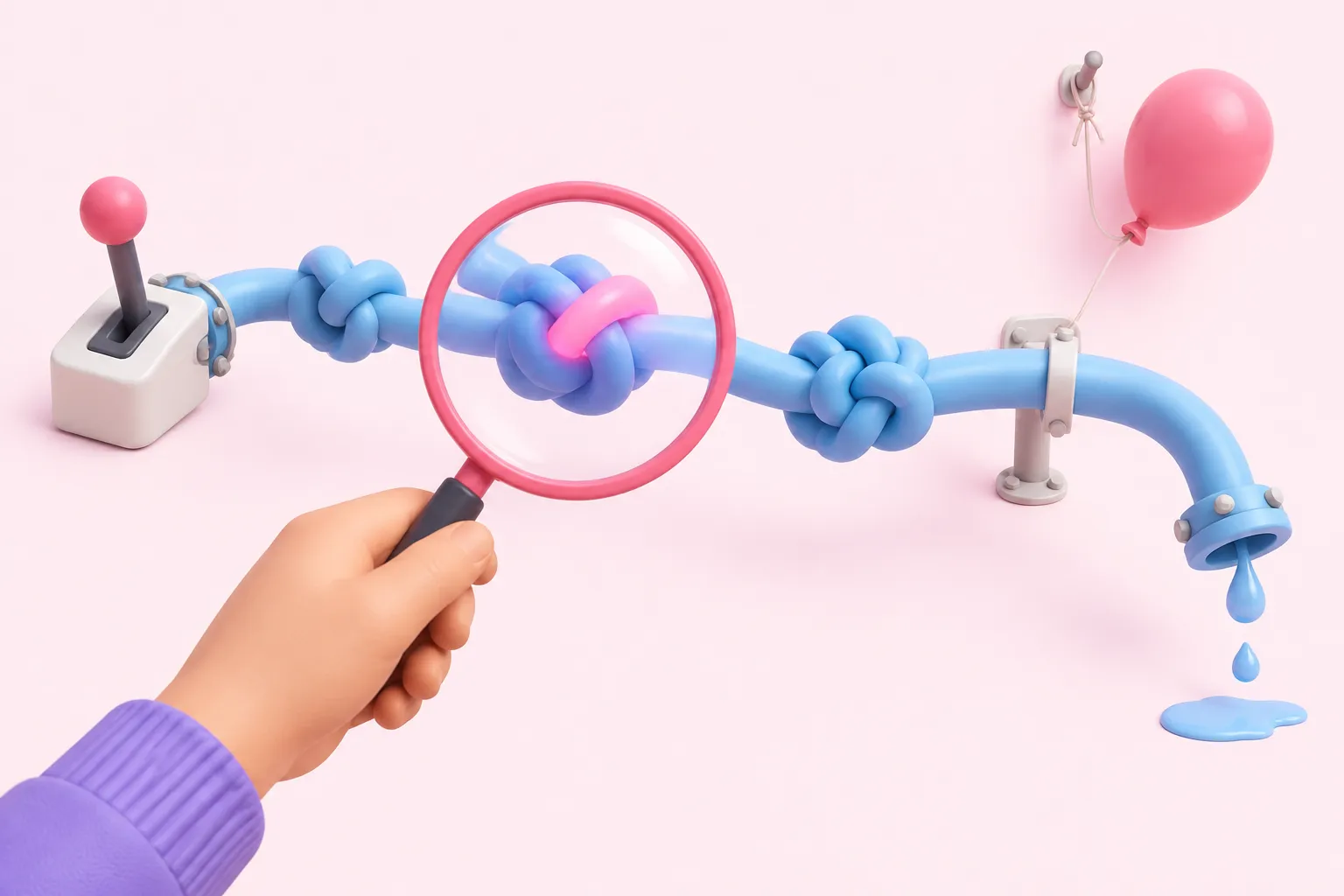 A magnifying glass follows a knotted pipe from a lever switch to a dripping spout, tracing where an n8n workflow failure happened.