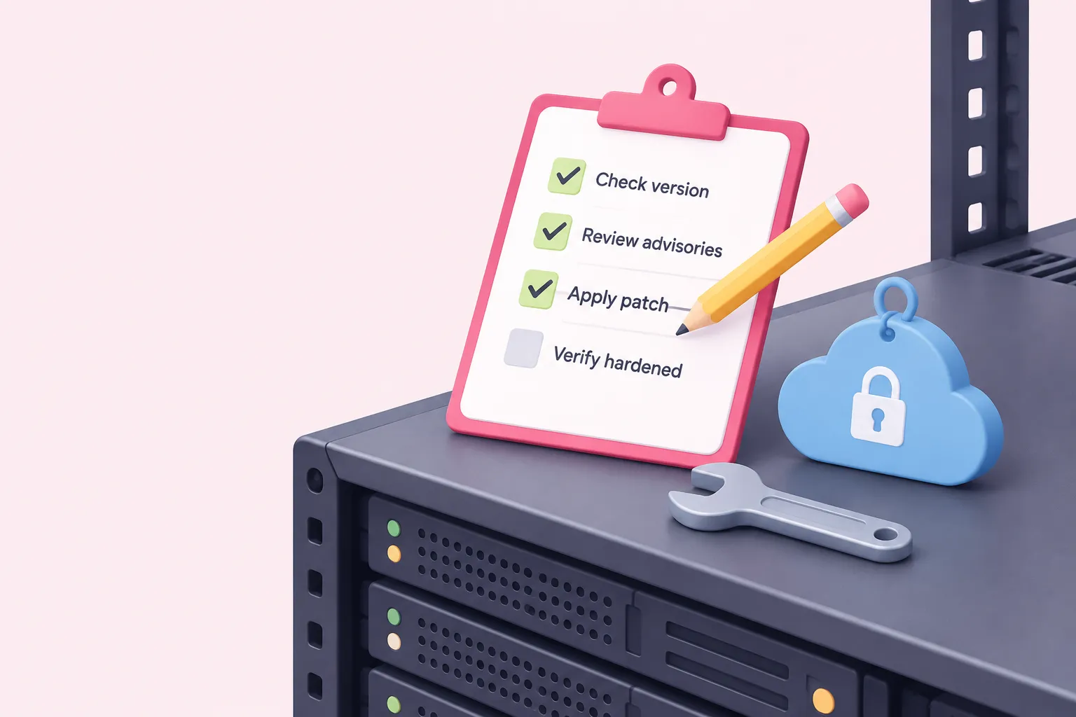 Shows a clipboard checklist being ticked off beside a server rack for a self-hosted n8n team.