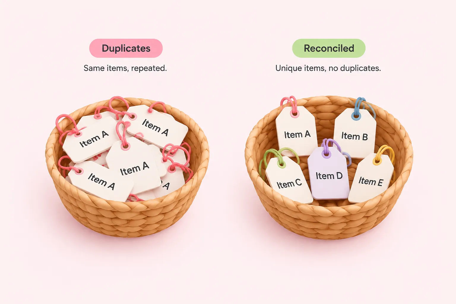 Two baskets, one holding overlapping duplicate tags and one holding neatly spaced unique tags.