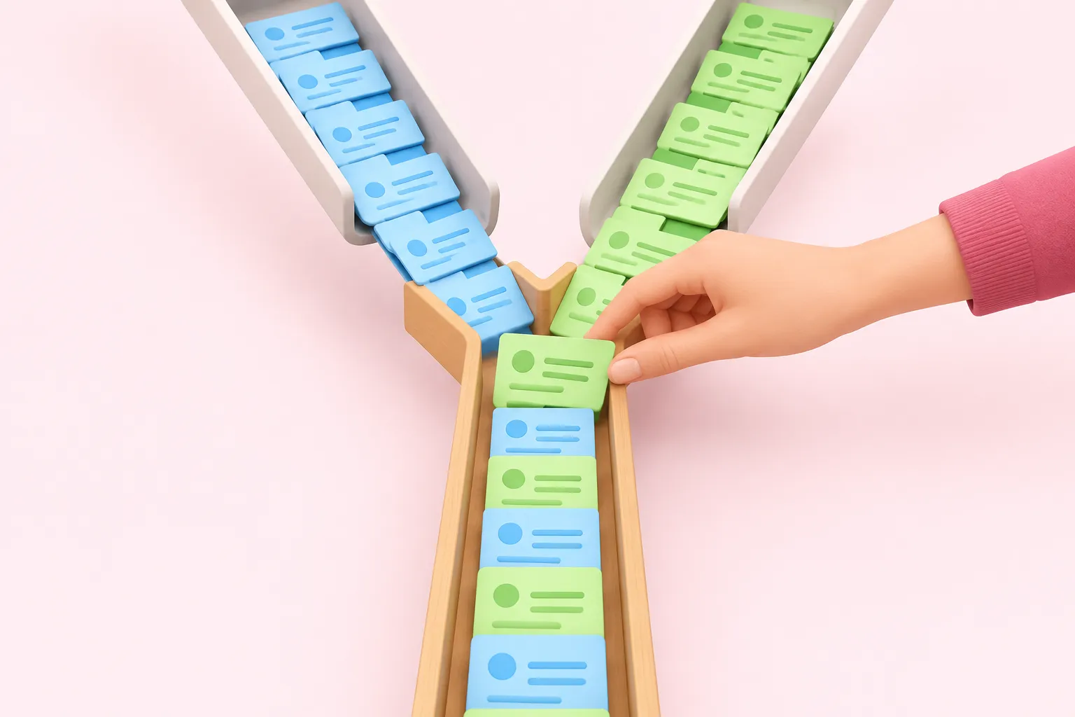 A hand aligns two streams of paper cards into one channel, representing the n8n Merge node combining branches.