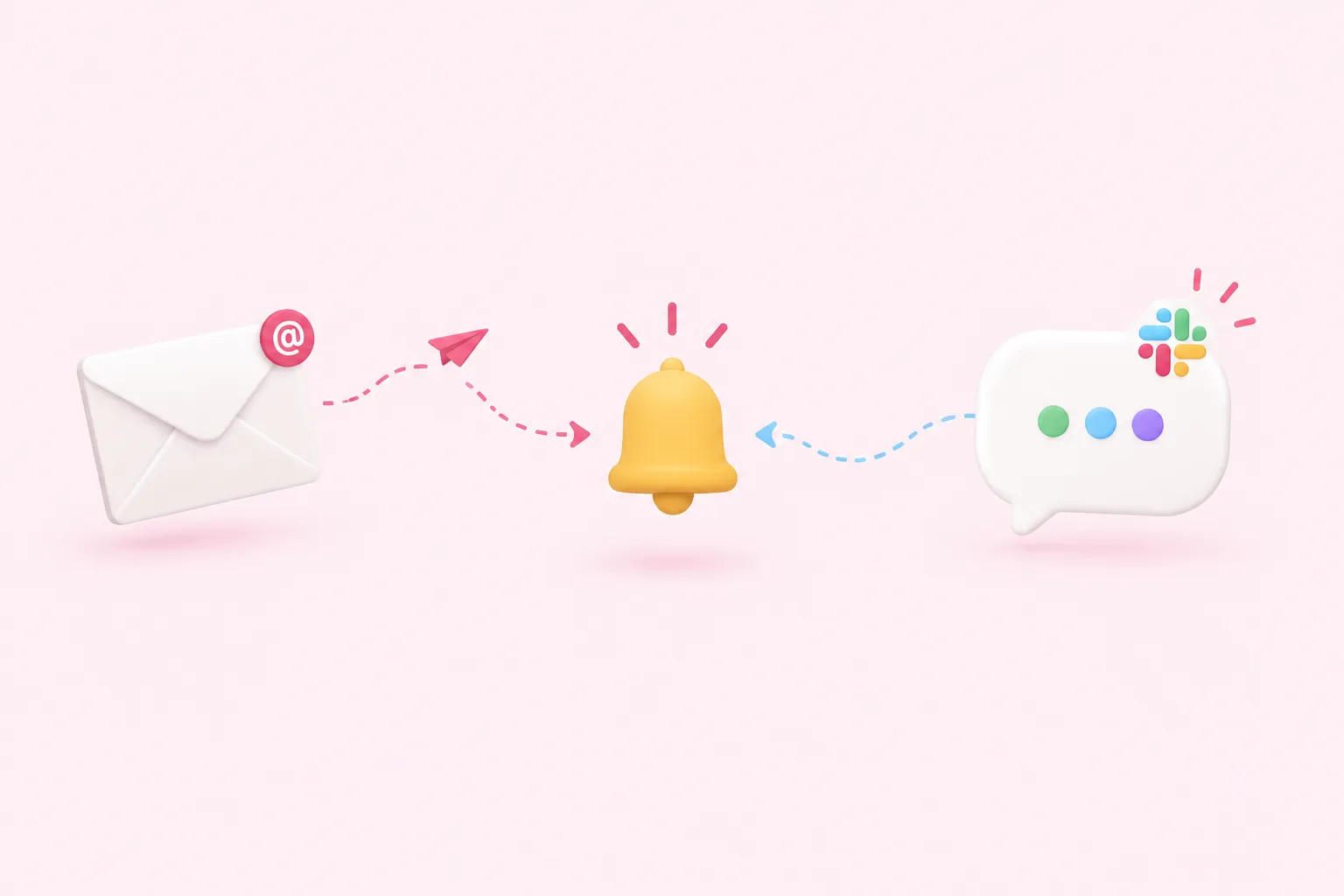 An envelope and a chat bubble both point to a bell, comparing email and Slack notifications in n8n.