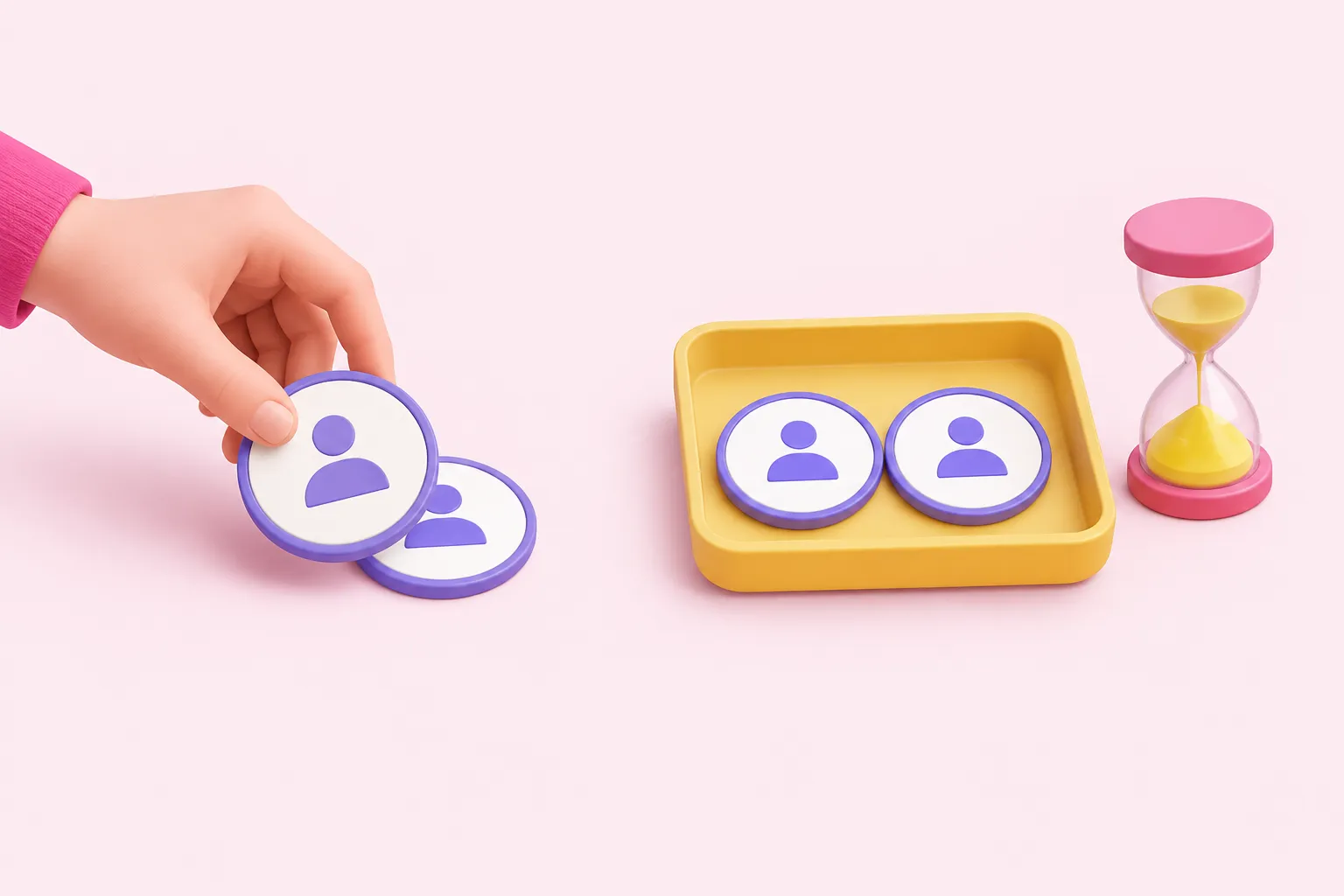 One hand lifts a token over a partly hidden token; a second tray holds two exposed tokens beside an hourglass.