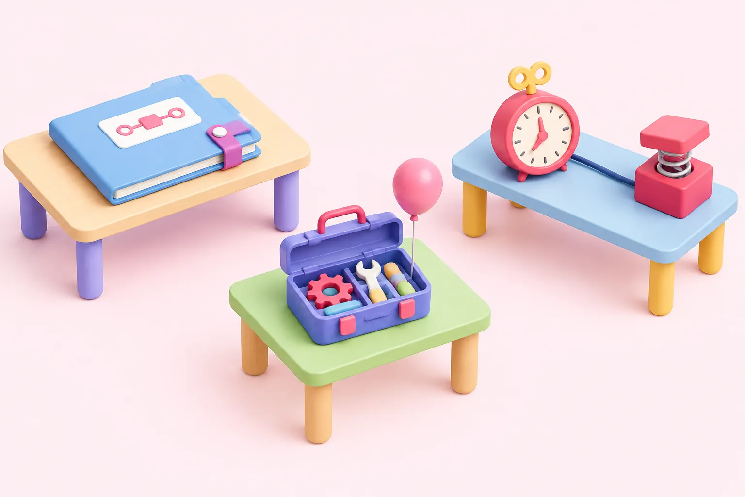 Three separate workbenches represent an unpublished real workflow, a reusable error handler and a scheduled failure test.