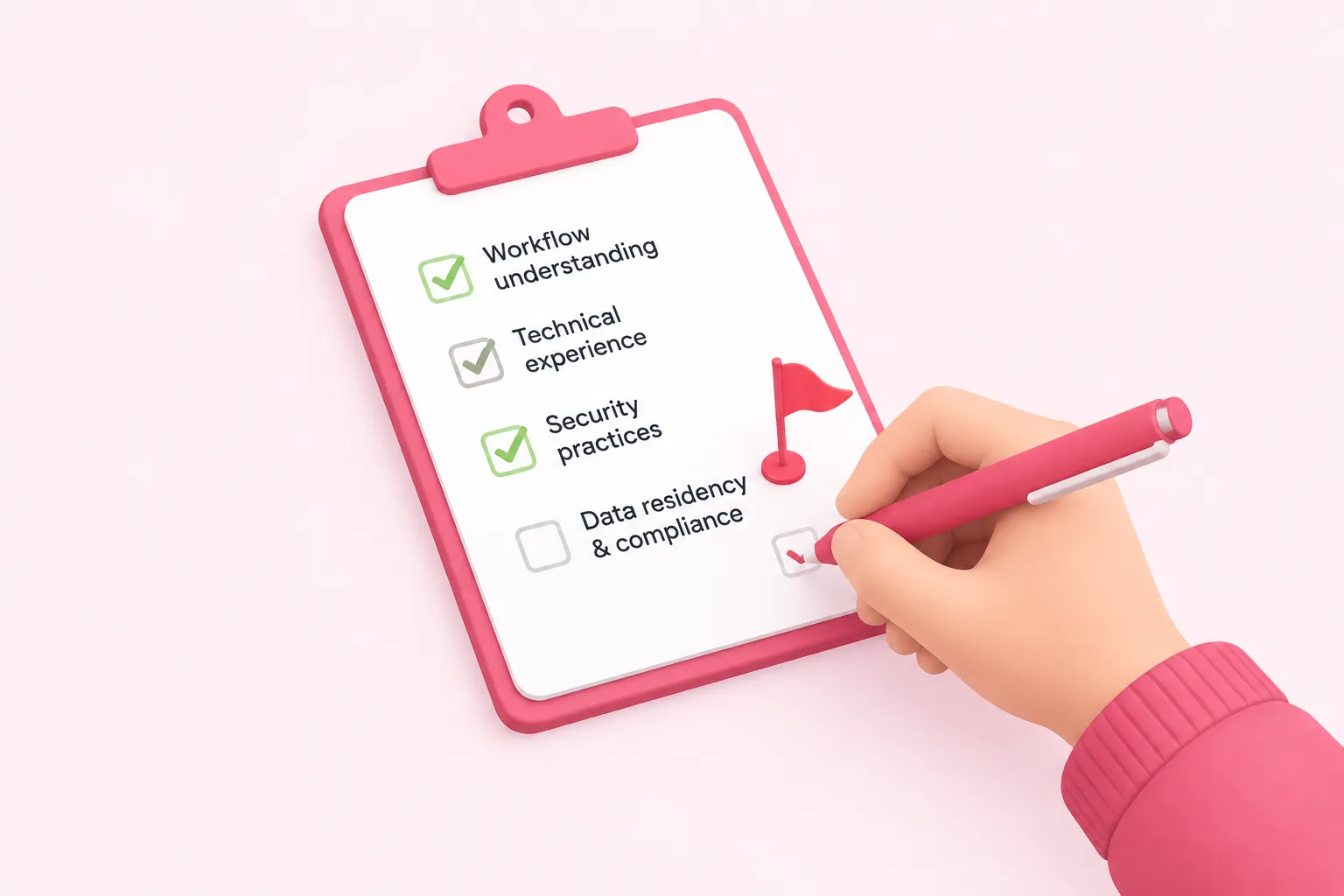 A hand checks boxes on a clipboard beside a red flag, depicting a pre-signing review checklist.
