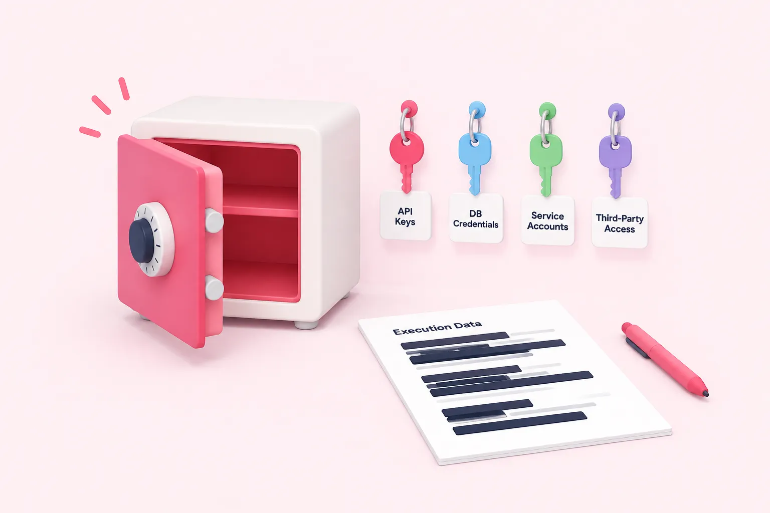 An open safe with separate labeled keys depicts checking a vendor's credential handling.