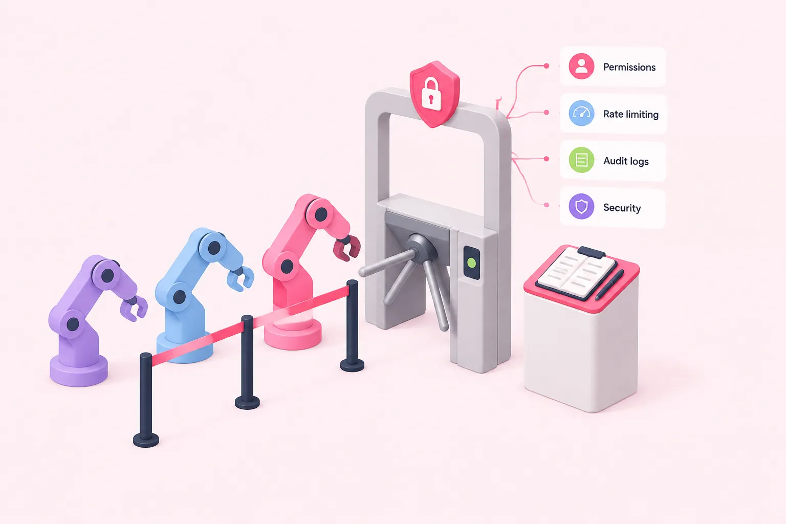 A turnstile gate with a logbook depicts how an AI agent request passes through governance checks.