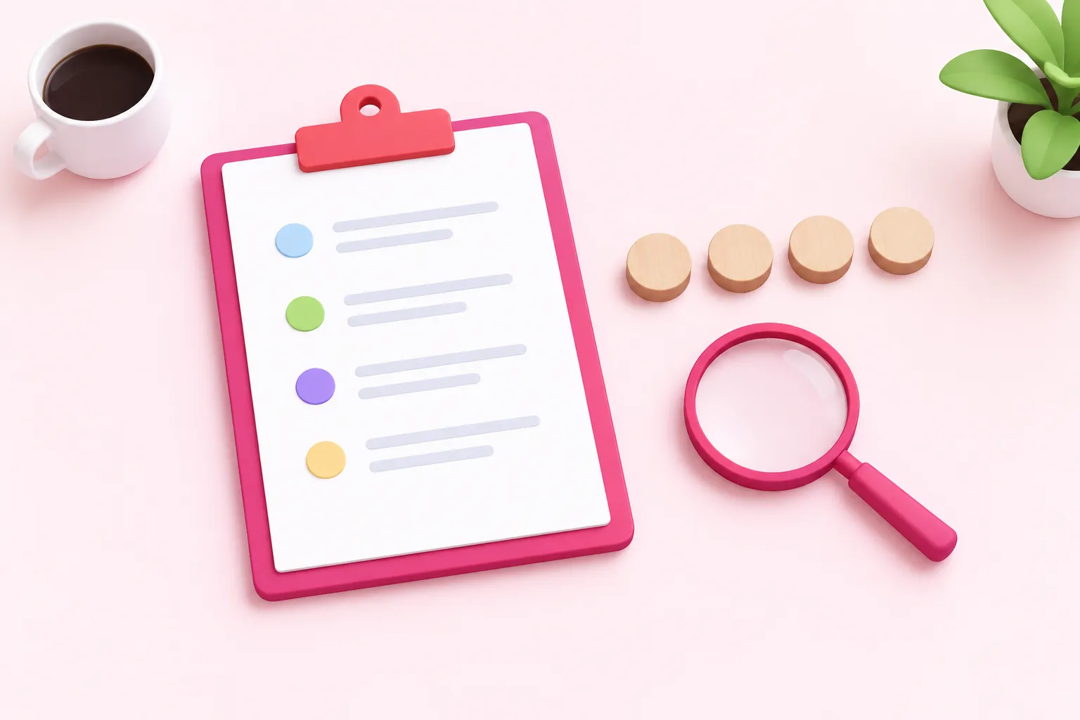A clipboard and magnifying glass represent the checklist of unknowns to verify before choosing a platform.