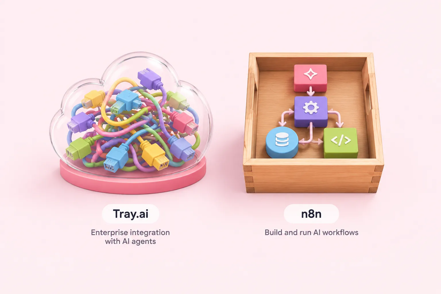 A glass dome of connector plugs beside an open crate of flowchart blocks illustrates two automation platform approaches.
