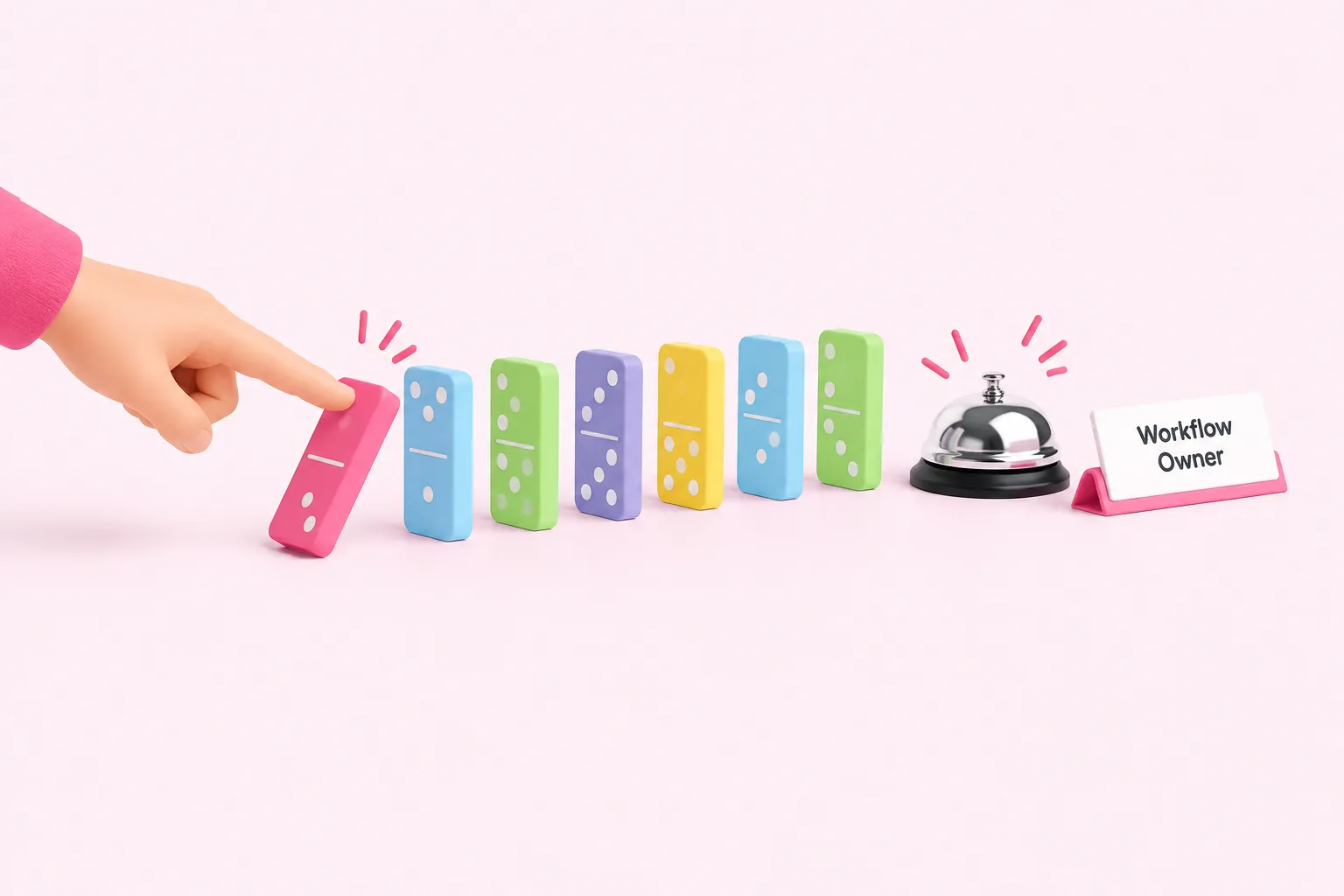 A finger tips a pink domino in a pastel domino run that ends at a small bell beside a name tag