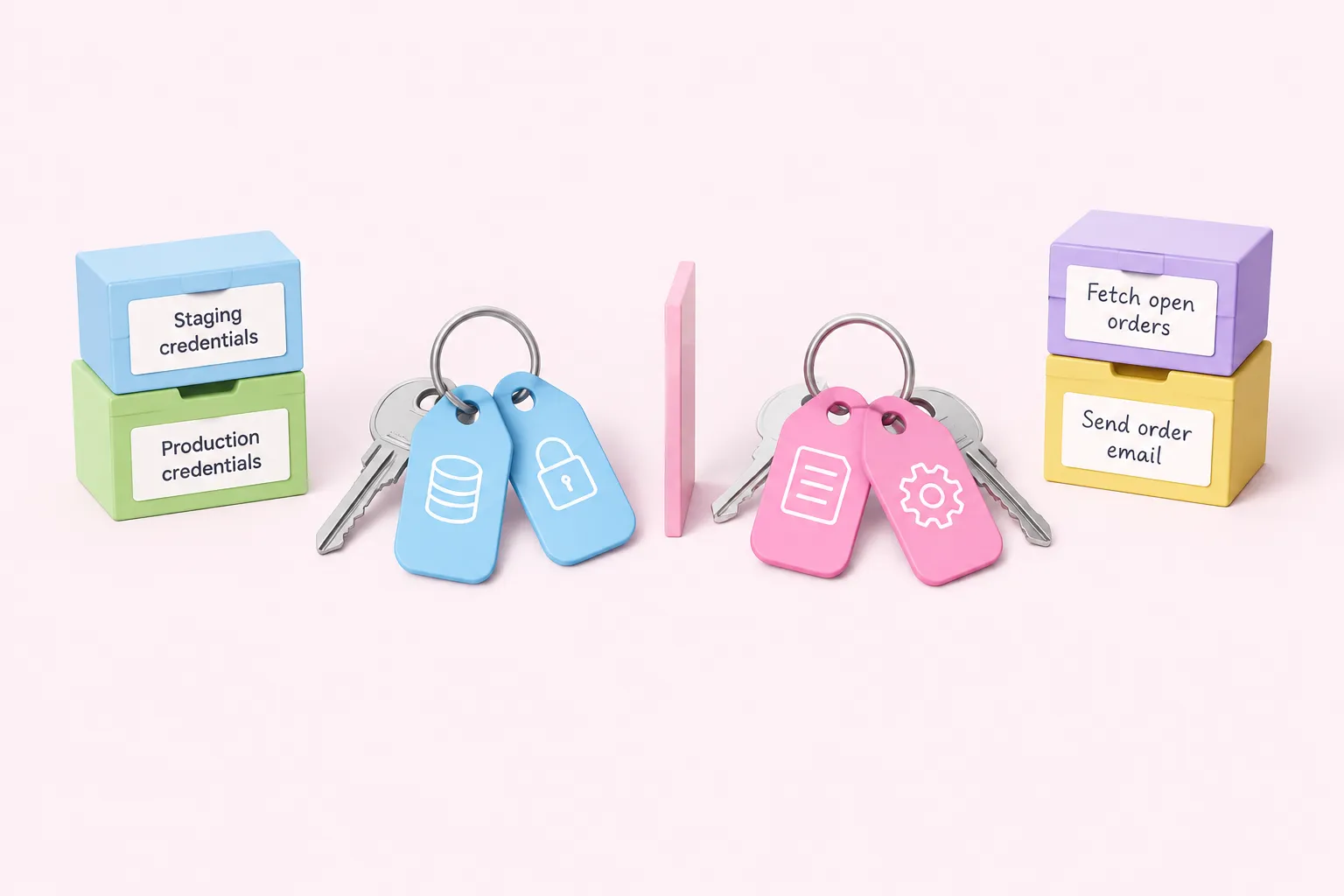 Two key rings with blue and pink tags kept apart by a divider, next to small boxes with handwritten labels