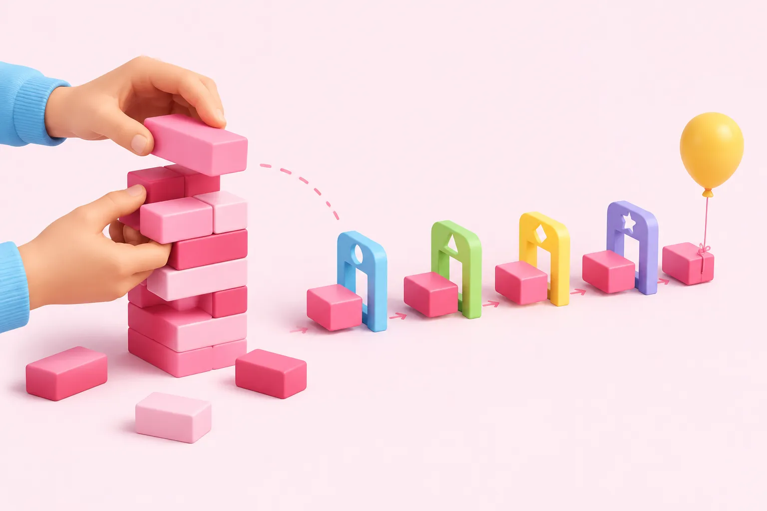 Hands rebuilding a block tower as a row of separate pink blocks, each passing through its own gate