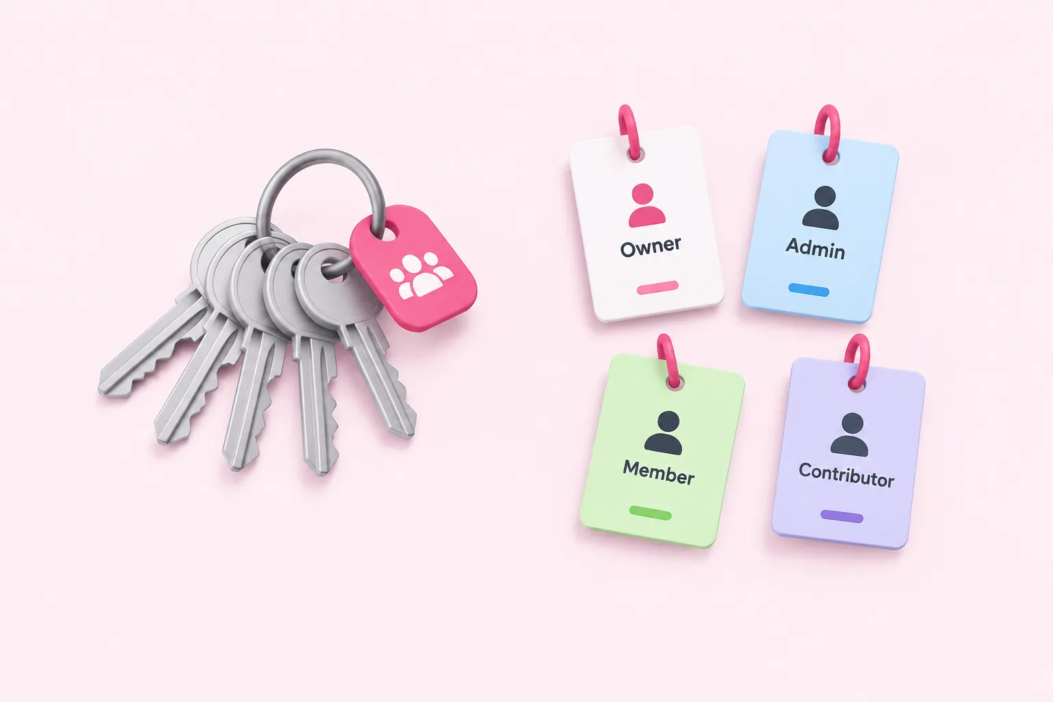 Shared duplicate keys next to individual nameplated access cards, comparing shared logins with n8n project roles.