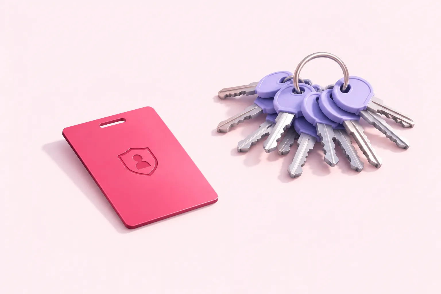 A single identity keycard set apart from a ring of identical duplicate keys, representing n8n SSO versus shared logins.