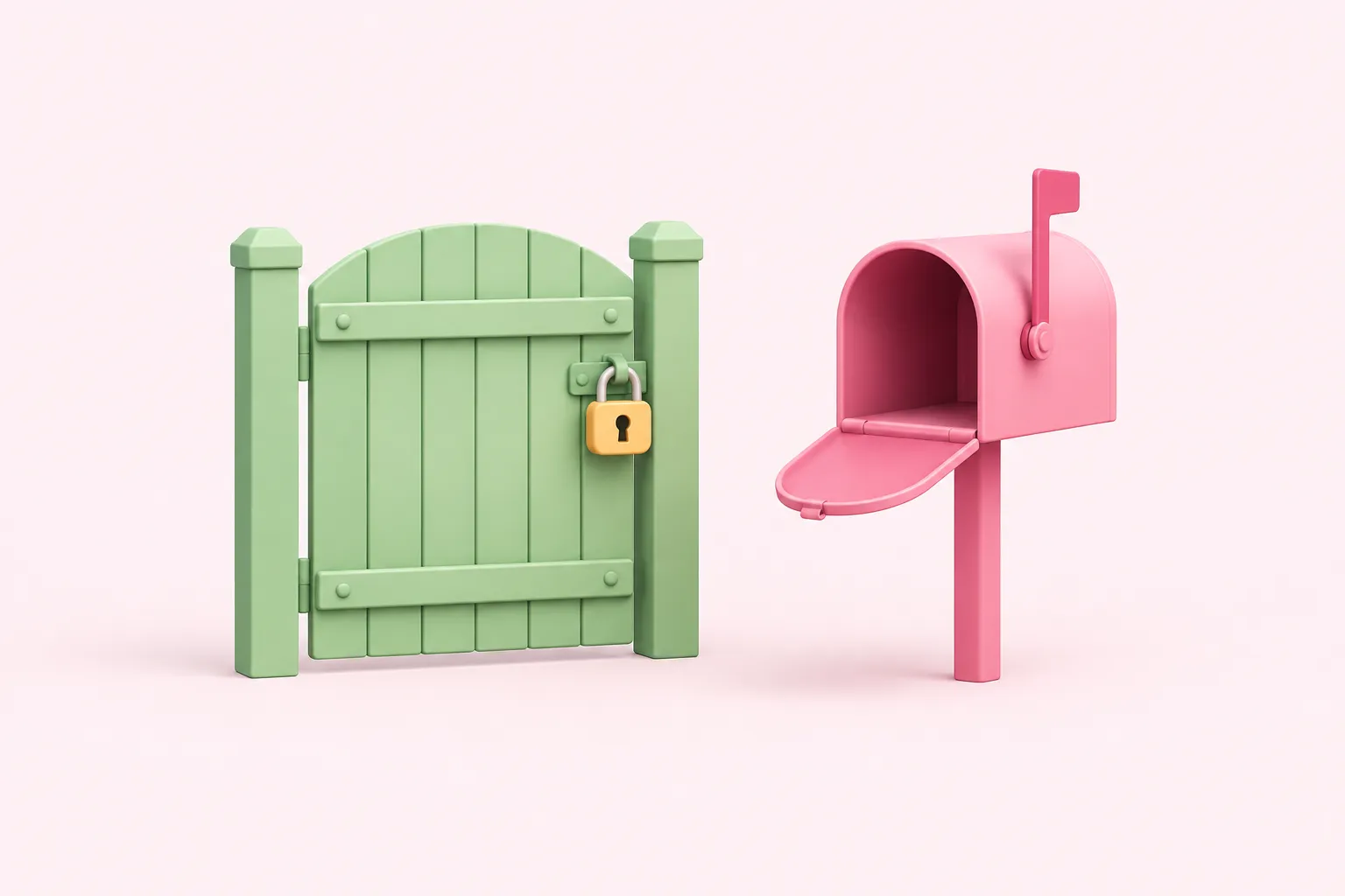 A locked gate beside an empty unlabelled mailbox, contrasting a 403 access refusal with a 404 unregistered webhook.