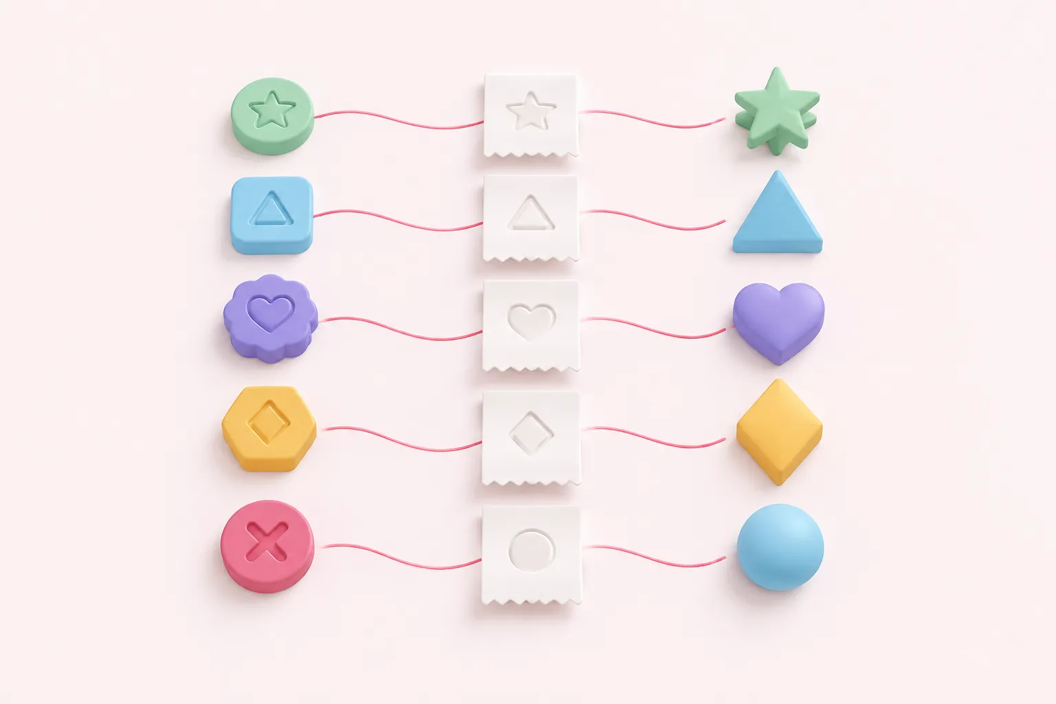 Shape-stamped tokens connect across three evidence layers with pink threads for n8n workflow completion checks.