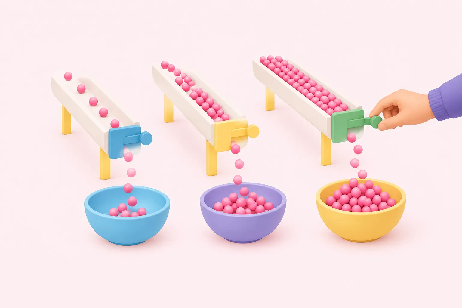 Pink beads move through gated channels into bowls as a hand closes the last gate, depicting n8n traffic stages.
