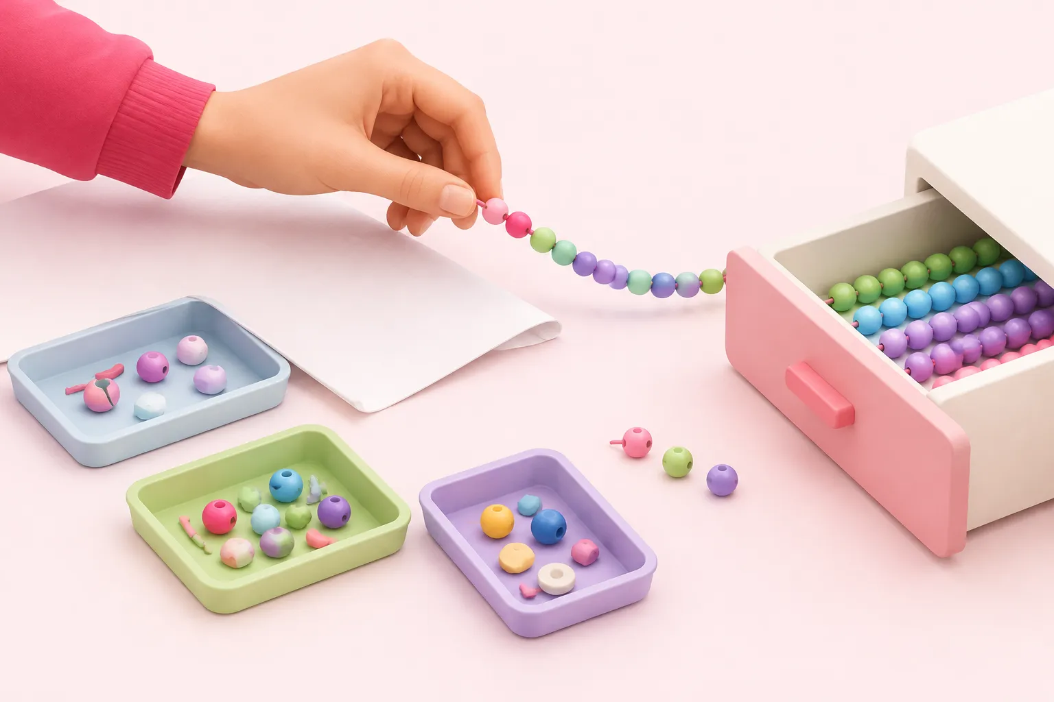 A hand holds a bead string above sorting trays beside a folded sheet for an n8n CSV import.