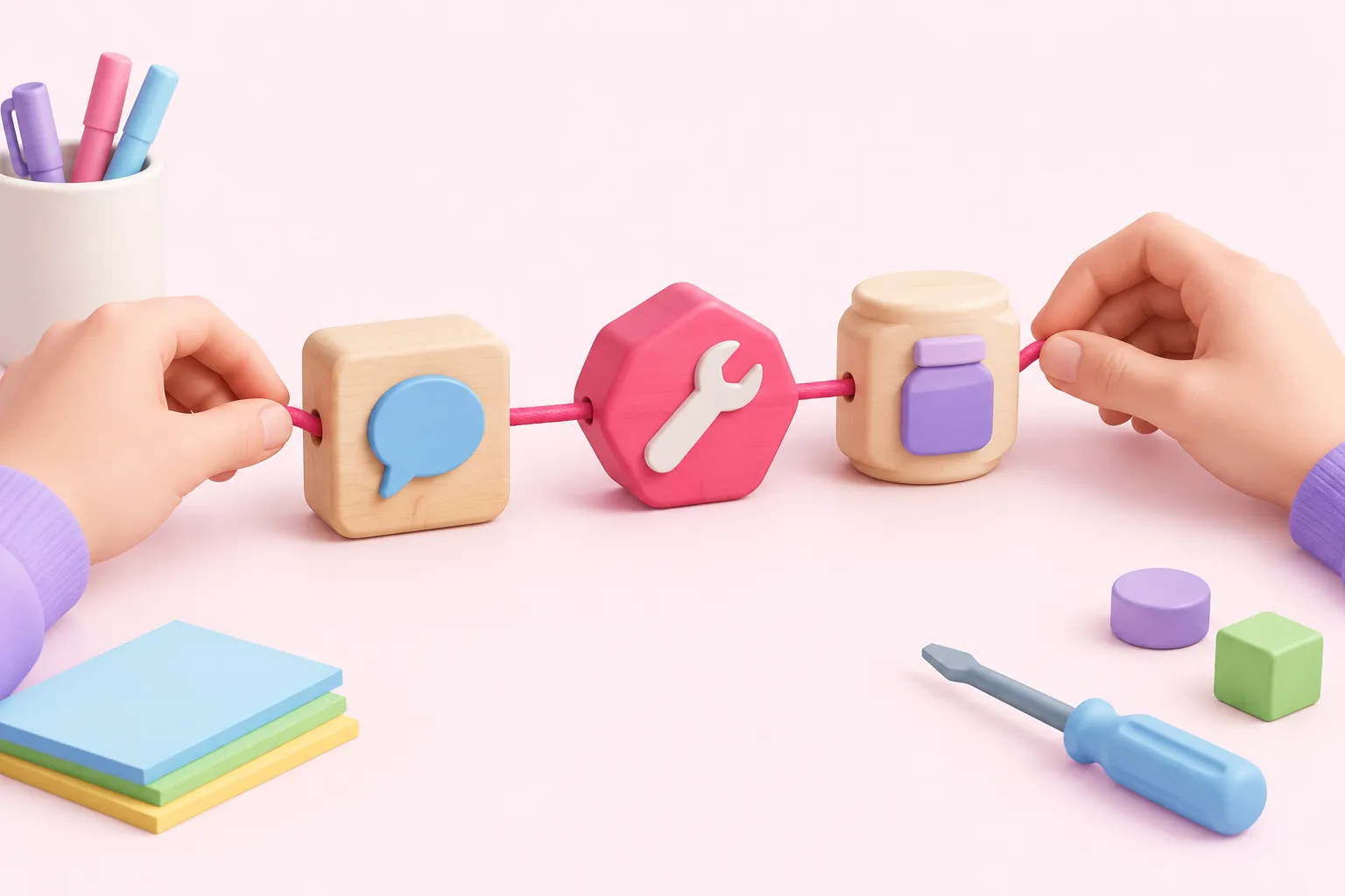 Hands connecting a chat model block, a tool block and a memory jar for an n8n AI agent tutorial.