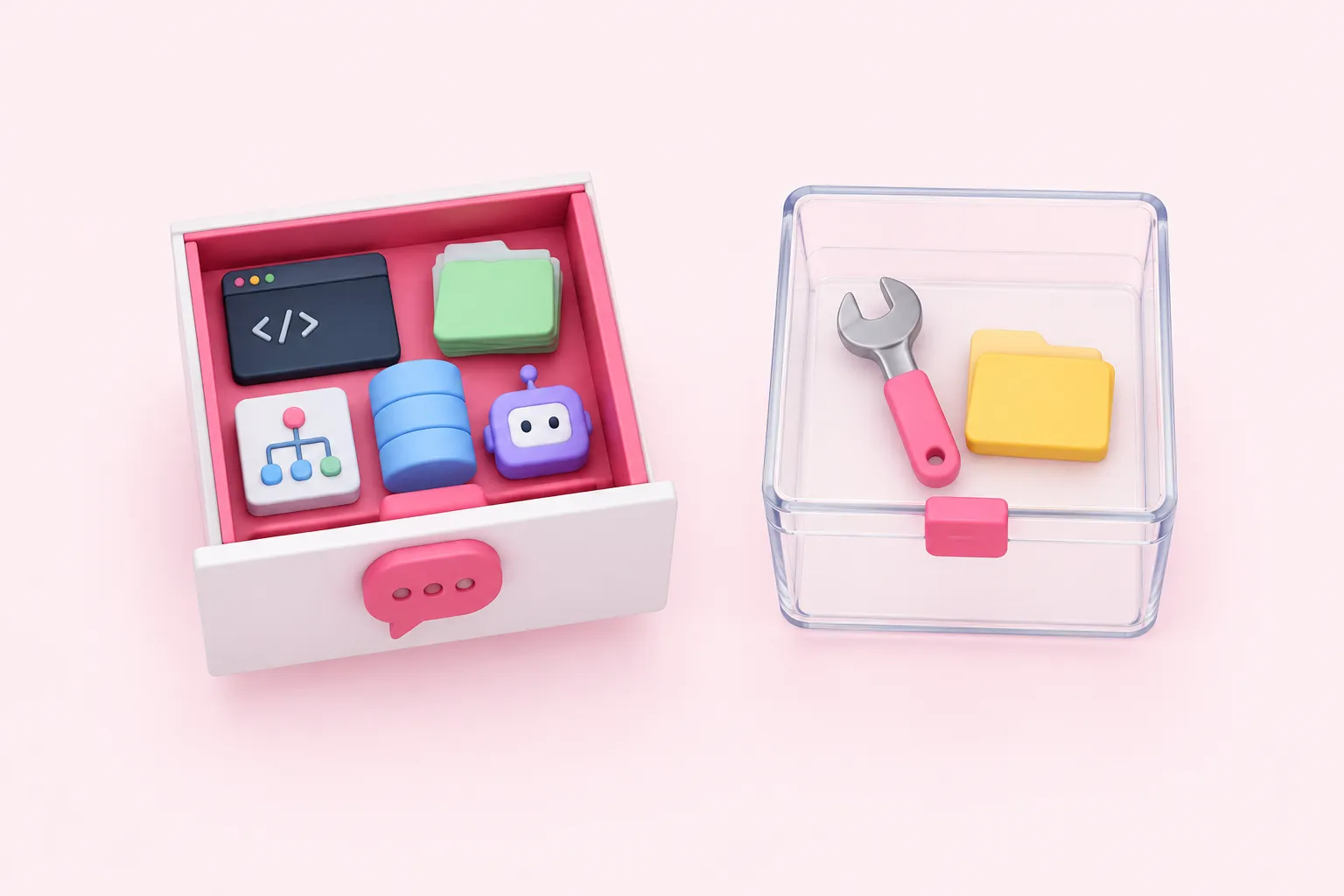 An open tool drawer sits beside a contained tool and folder, separating Chat Hub permissions from sandbox boundaries.