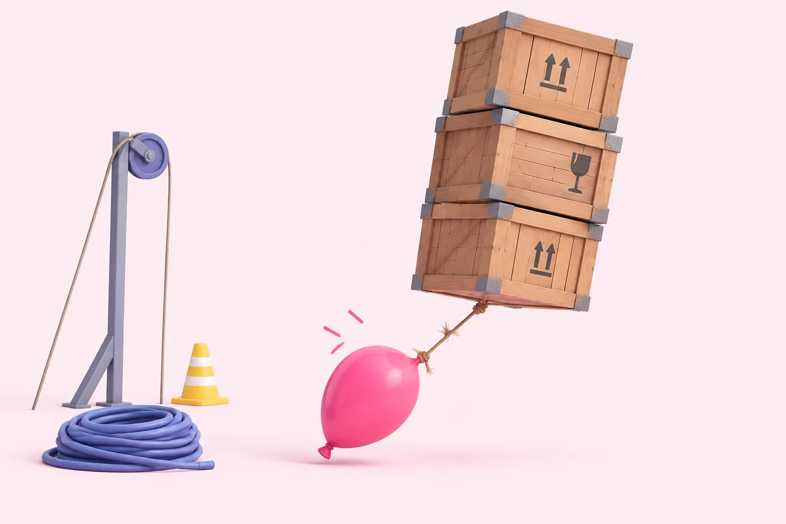 A single balloon strains to hold up a stack of heavy shipping crates, its string fraying.