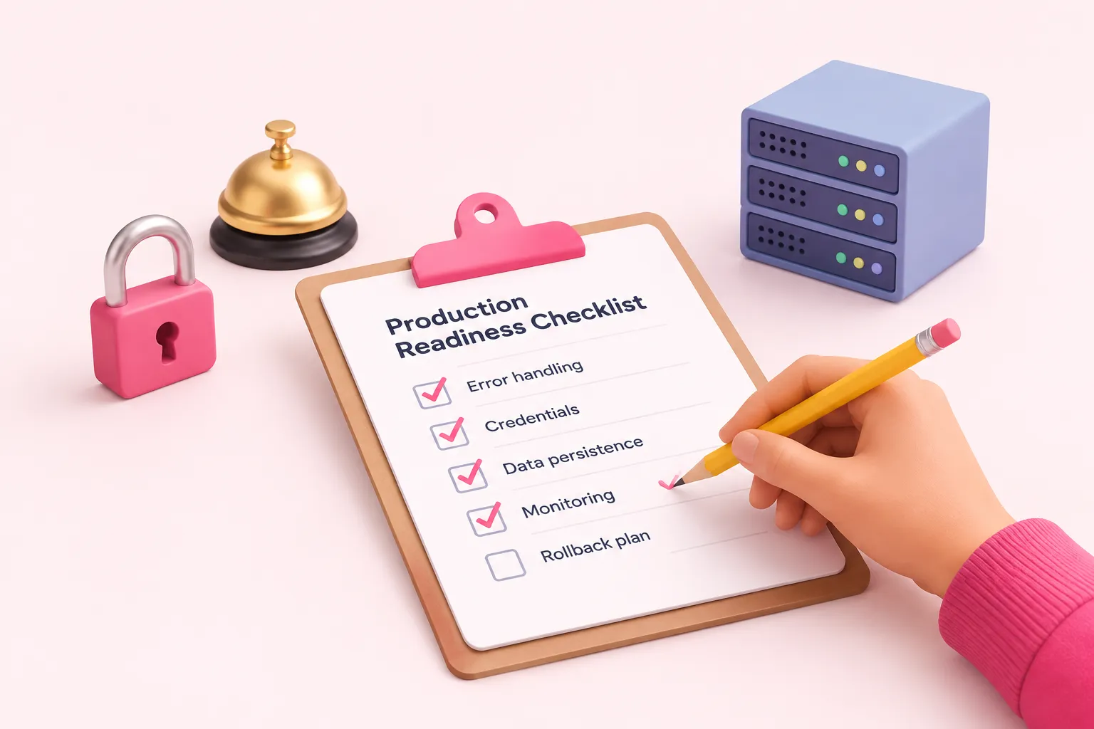 A hand ticks boxes on a clipboard checklist beside a padlock, bell and small server rack.