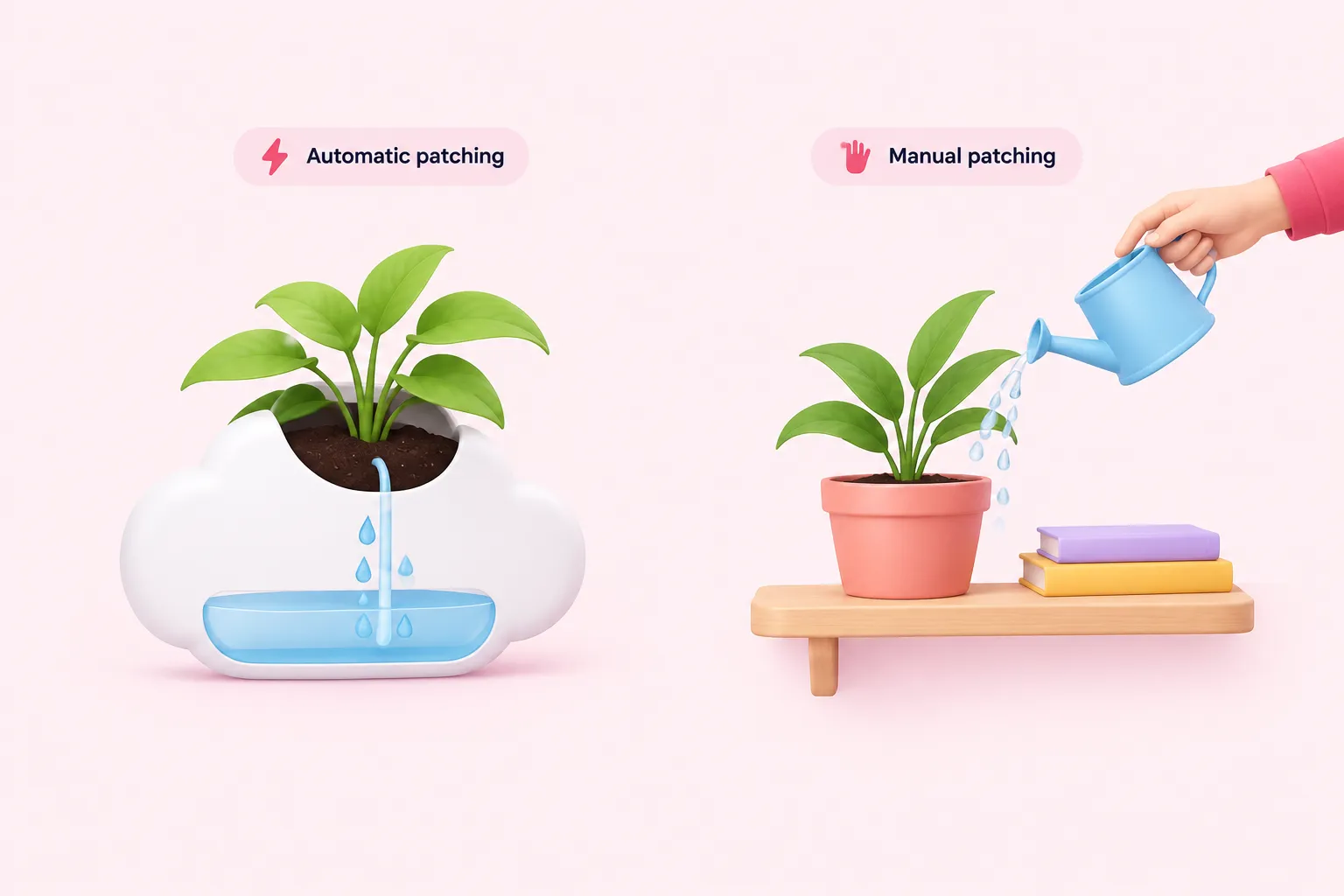 A self-watering cloud-shaped planter beside a plant watered by hand, representing automatic versus manual patch responsibility.