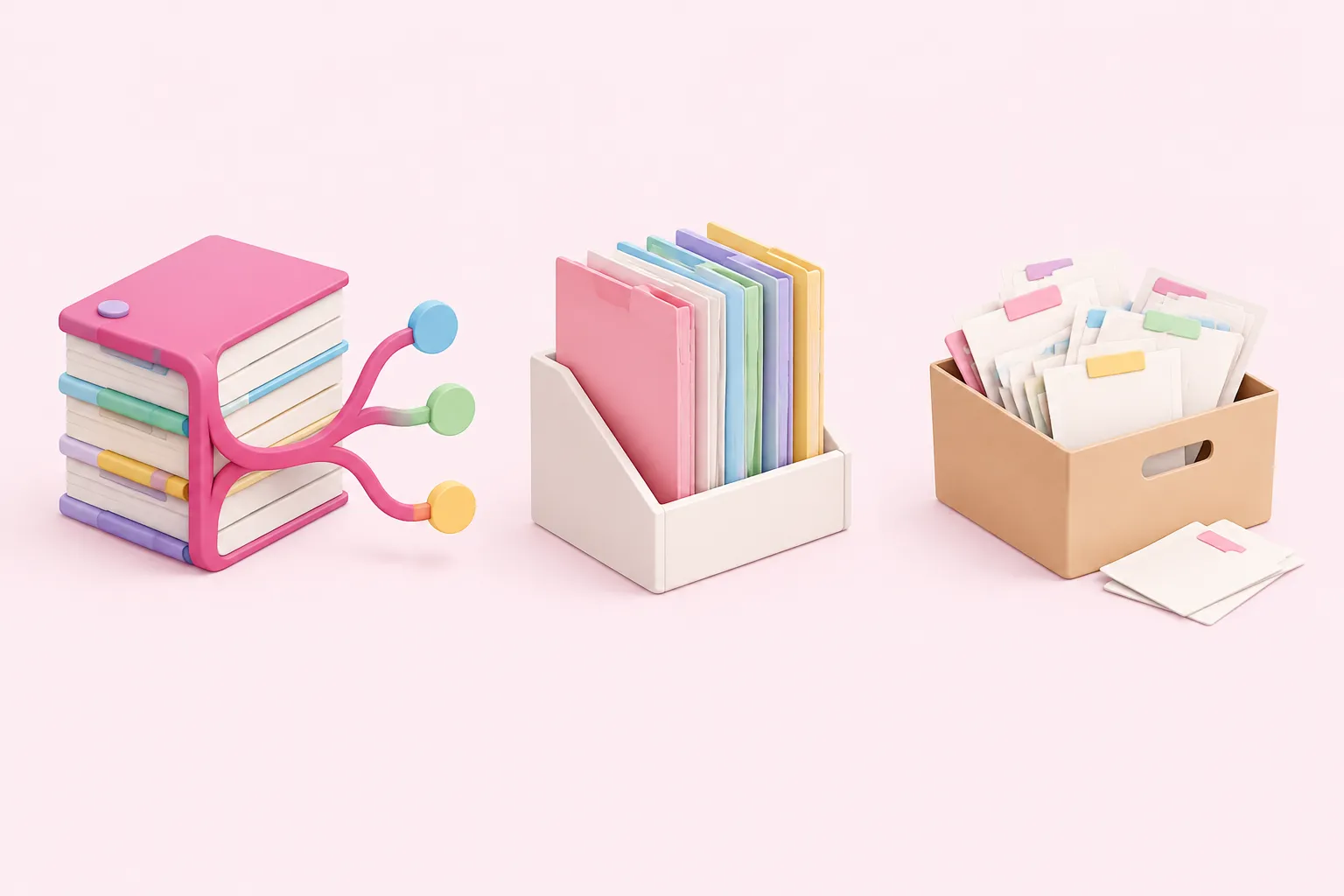 A layered ledger, a shelf of single paper files and a box of hand-labeled snapshots side by side