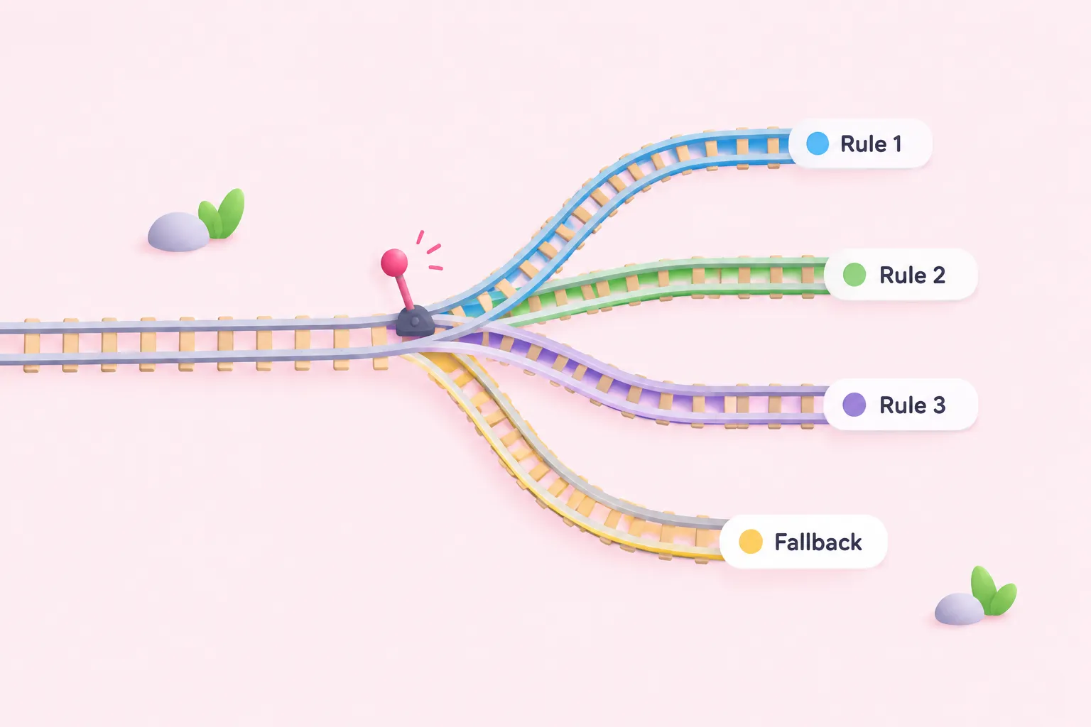 A branching track diagram illustrating n8n switch node documentation routing rules, with one separate fallback route.