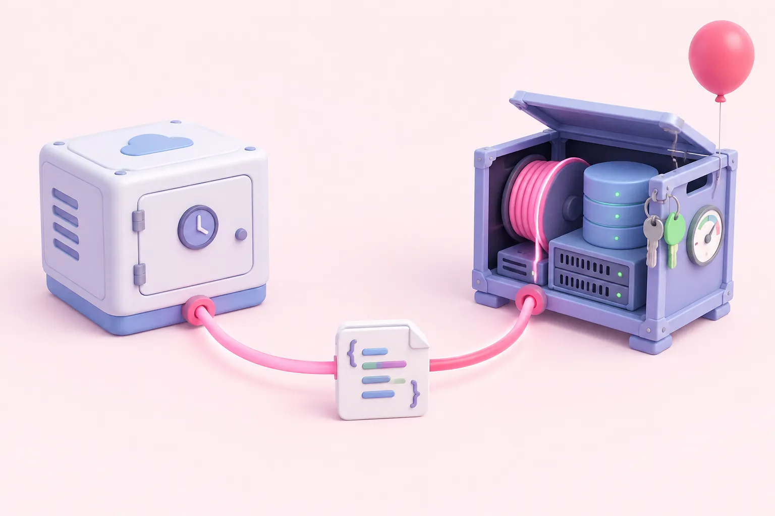 Illustration of n8n self hosted vs cloud: one webhook cable splitting toward a sealed managed enclosure and an open server crate with key, database and cable spool