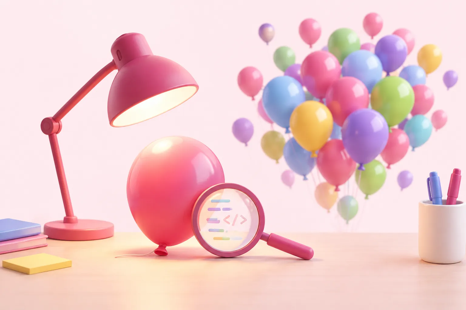 A single test balloon under a magnifying glass sits before a rising cluster of production balloons.