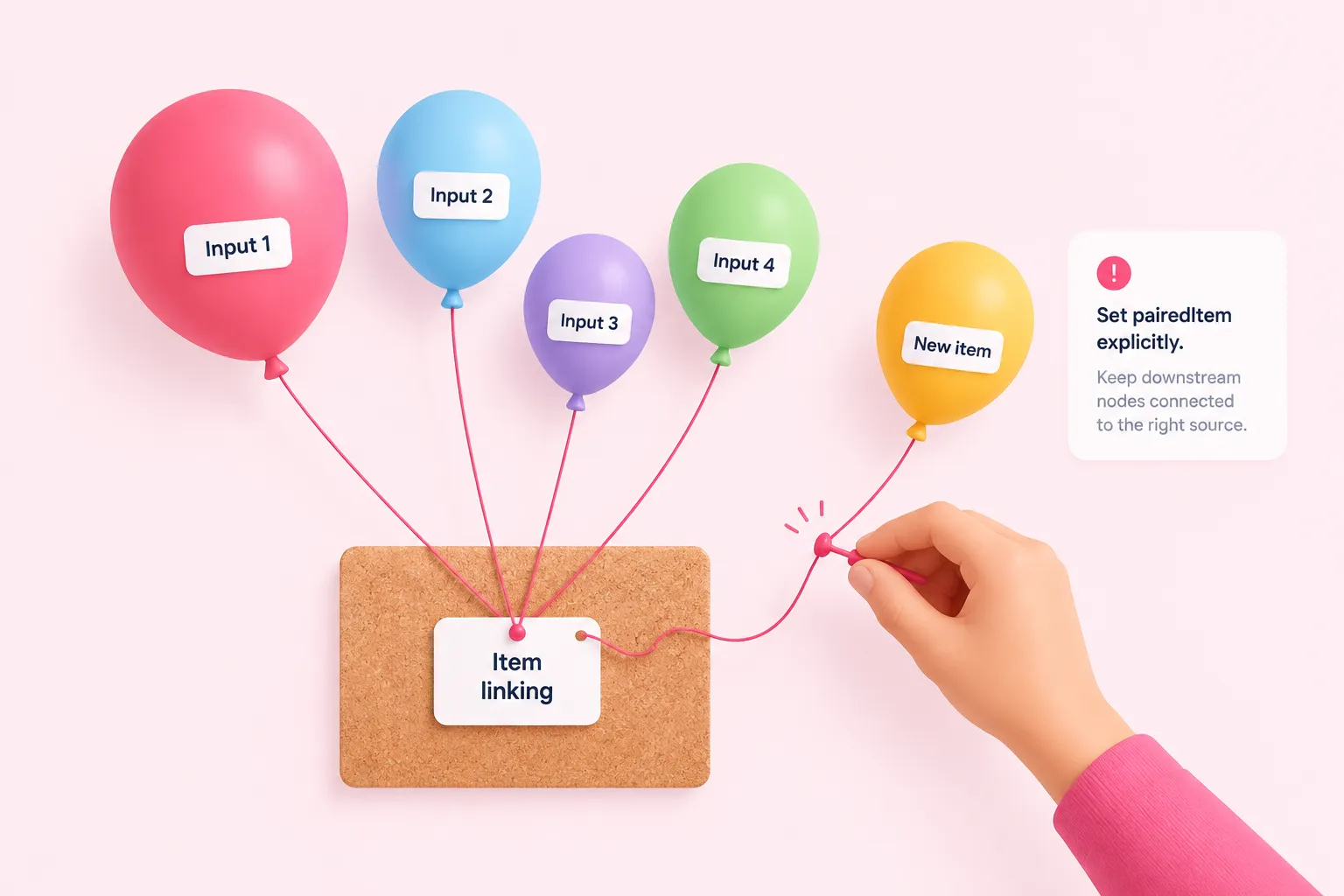 Threads connect each production balloon back to its original item, showing pairedItem linking in the Code node.