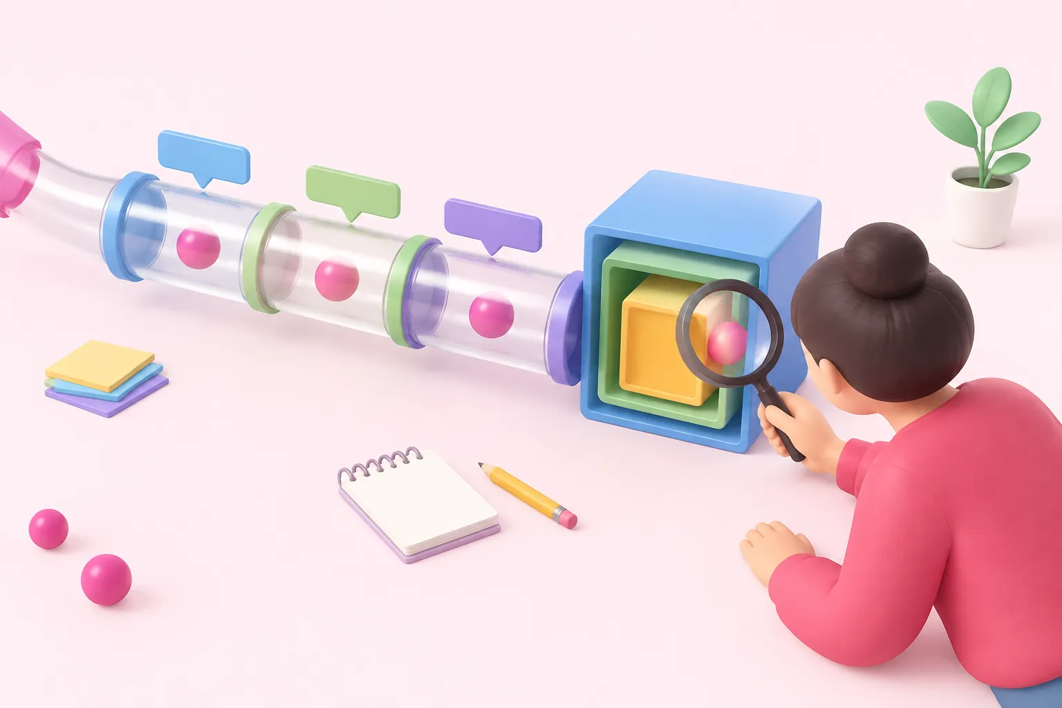 Persona rastreando un token de datos rosa a través de las secciones de una solicitud y de cajas anidadas.