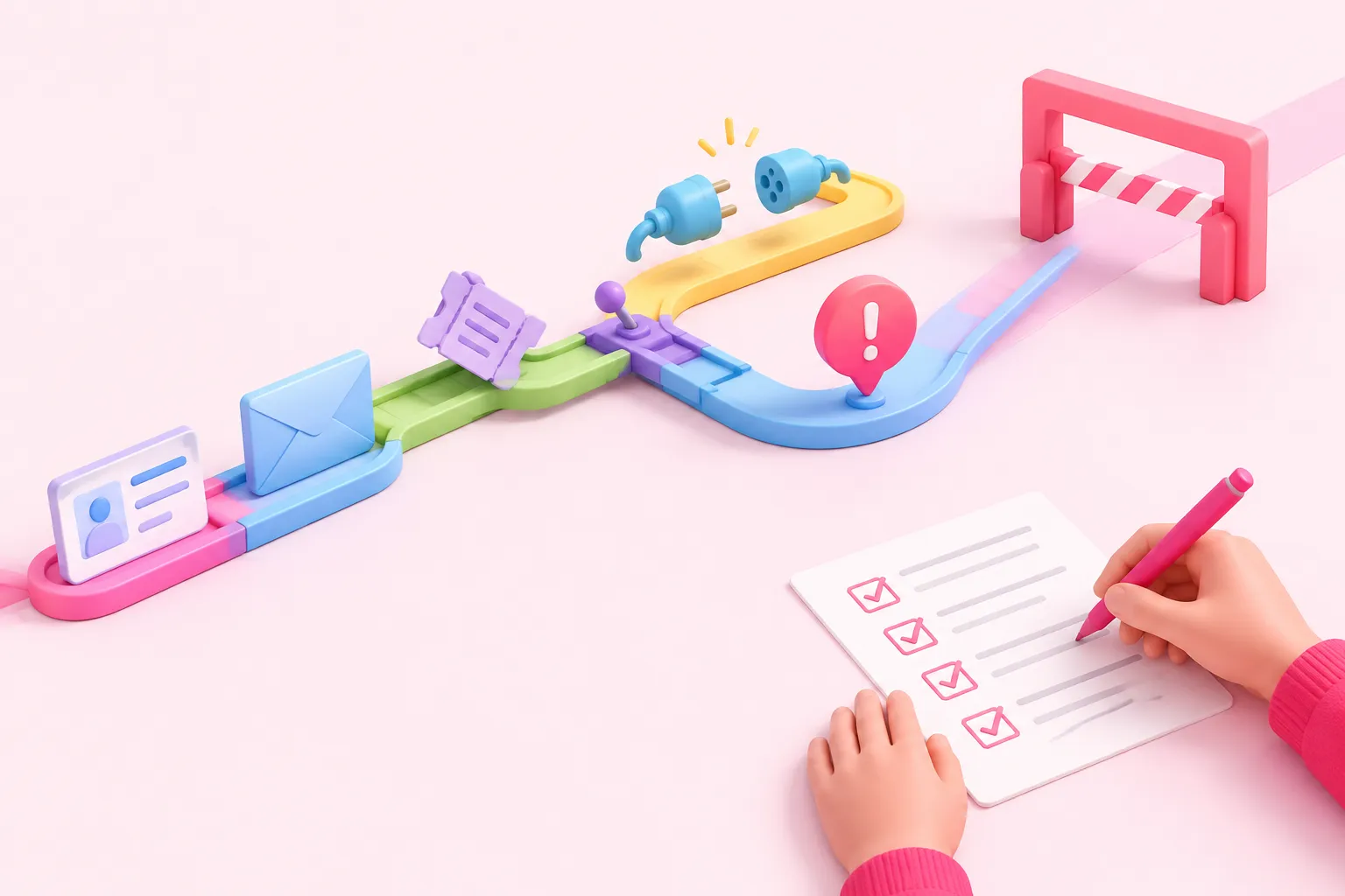 Ilustración editorial de objetos para probar un workflow que pasan por estaciones de inspección antes de una puerta de uso real.