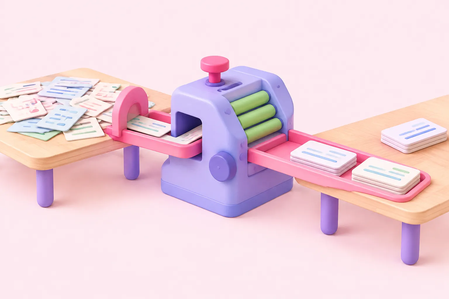 n8n Execute Sub-workflow: dos mesas de trabajo unidas por una bandeja rosa, con fichas de contactos que pasan por una puerta y un dispositivo de alineación.