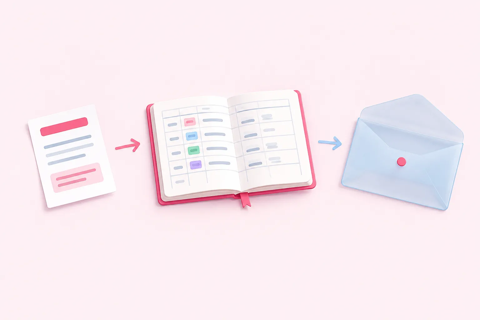 Una solicitud en papel, un registro y un sobre vacío representan el paso de lectura de n8n con Google Sheets y su ruta para resultados vacíos.