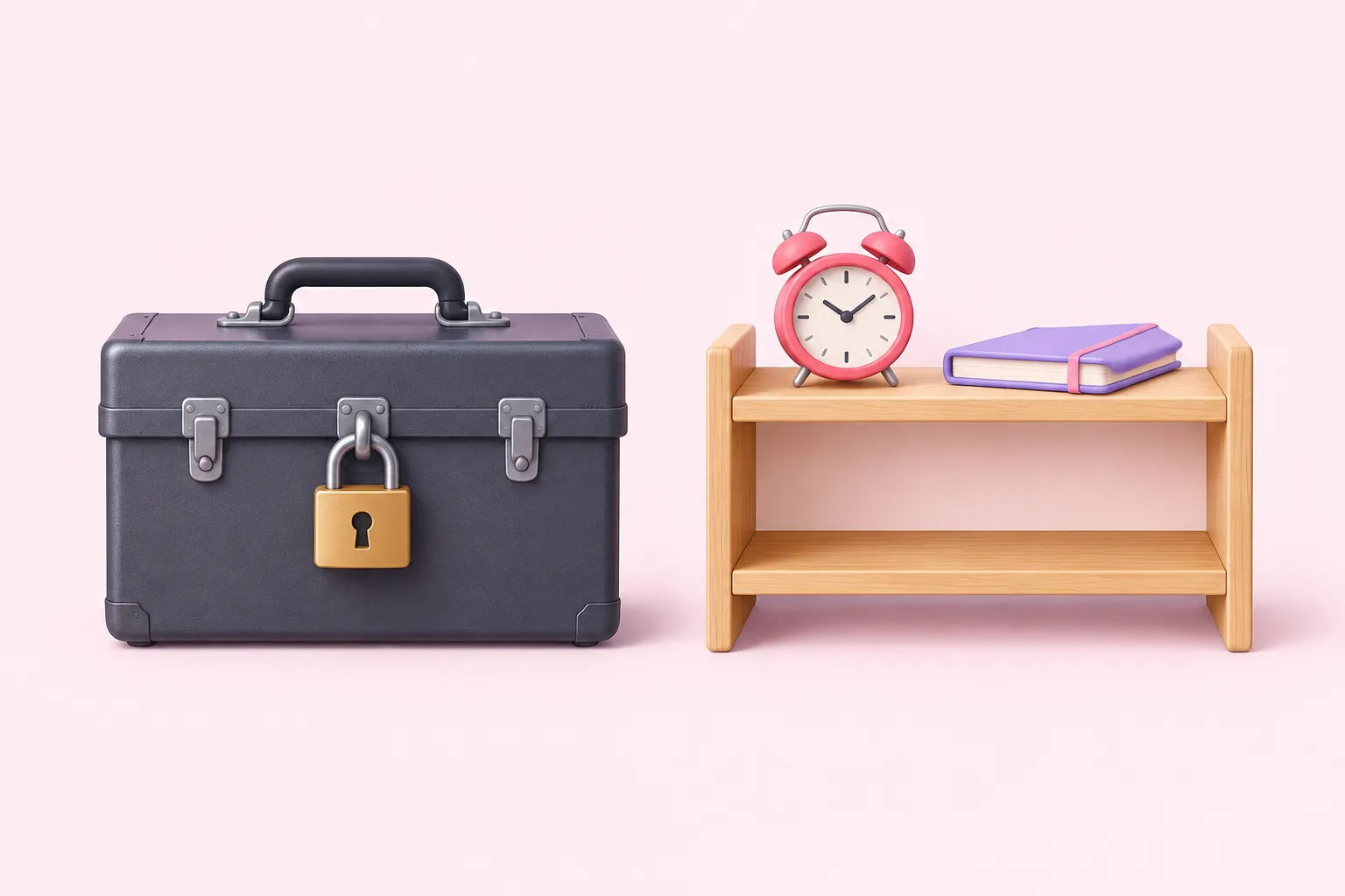 Una caja de herramientas cerrada con candado junto a una sencilla estantería de madera con un reloj y un cuaderno que representan copias de seguridad manuales de los flujos de trabajo.