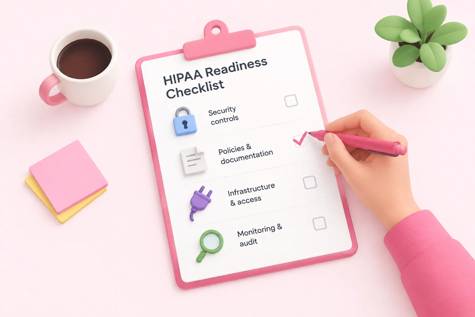 Muestra una lista de verificación con un candado, un documento, un enchufe y una lupa marcándose para la preparación HIPAA de n8n.