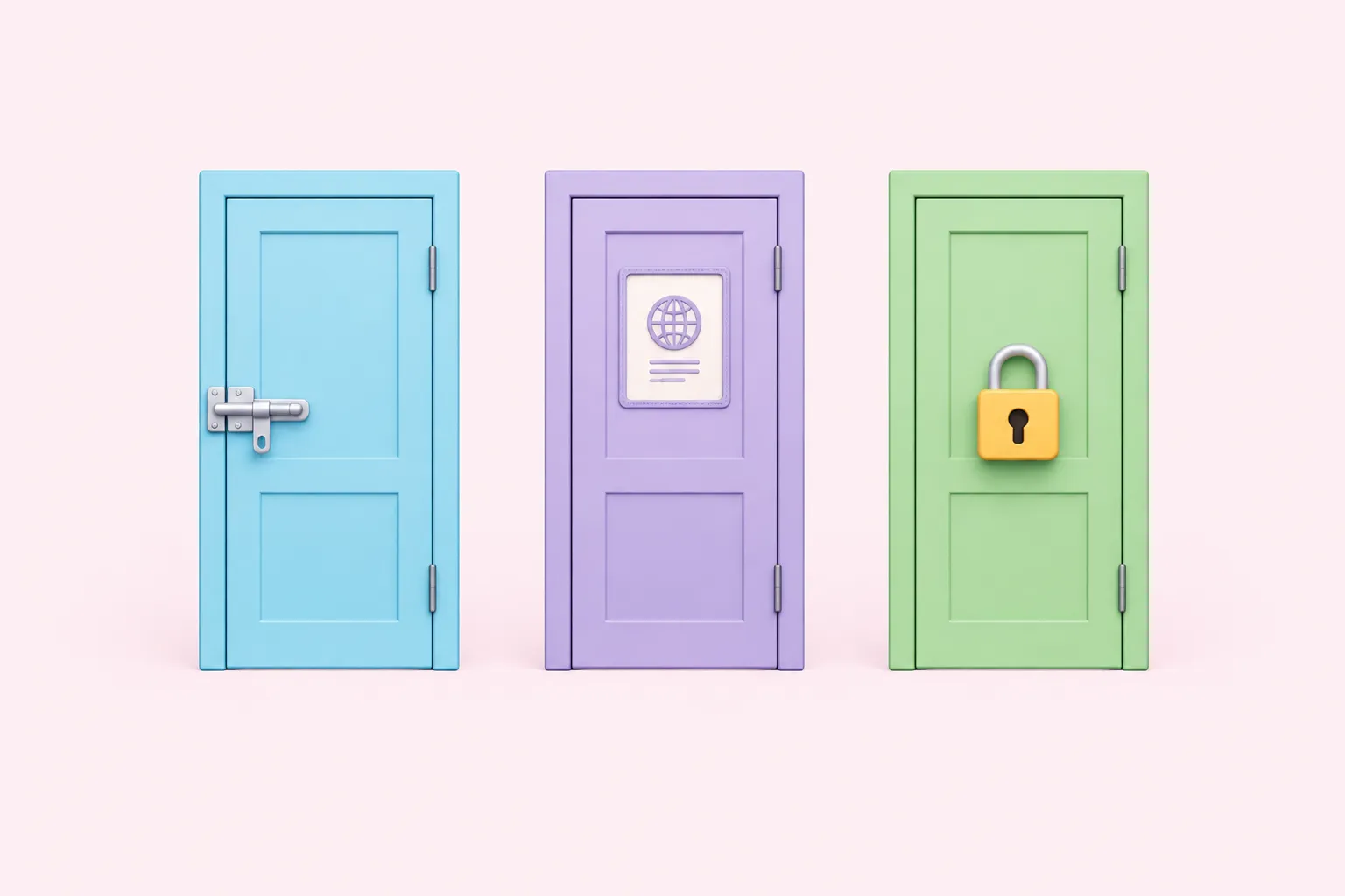 Tres puertas que representan las opciones Header auth, JWT y Basic auth para un webhook
