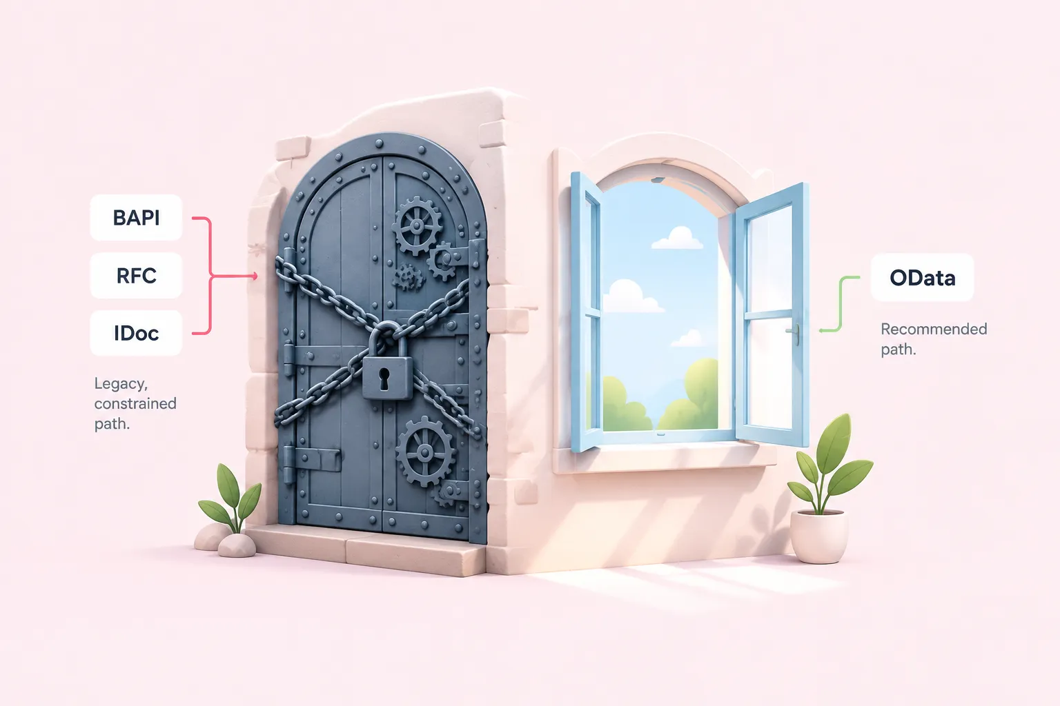 Una puerta de hierro cerrada junto a una ventana abierta y luminosa representa las interfaces heredadas BAPI/RFC de SAP frente a su interfaz OData.