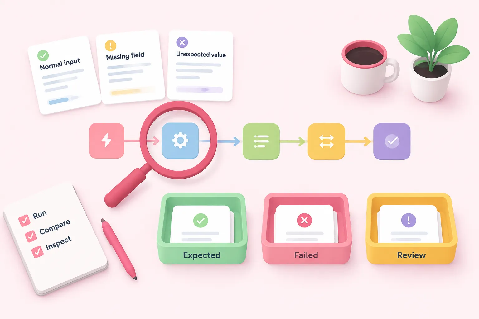 Una mesa de pruebas donde unas entradas de ejemplo pasan por los pasos del flujo de trabajo y se inspecciona la primera discrepancia.