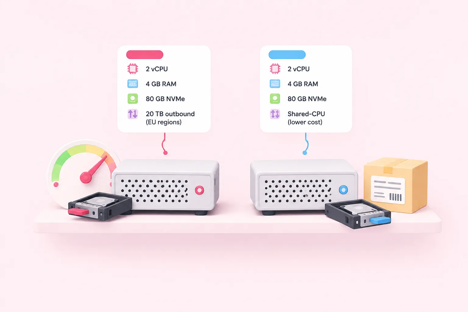 Cajas de servidor una junto a otra comparando las especificaciones de Hetzner vs DigitalOcean para autoalojar n8n.