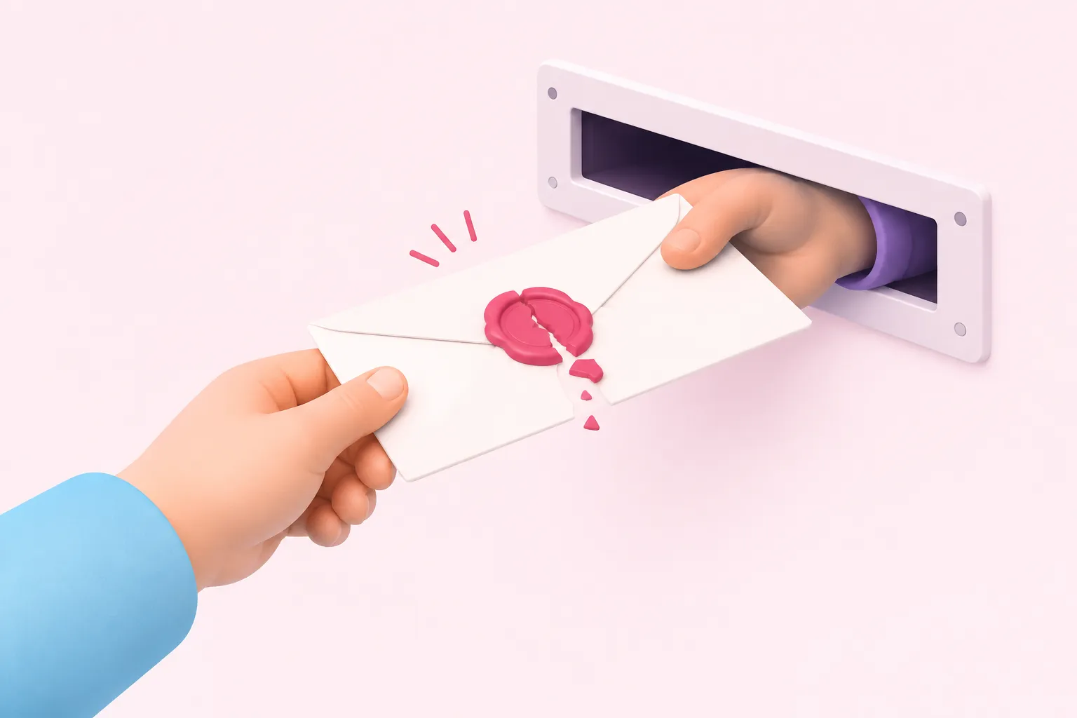 Un sello de lacre rompiéndose mientras un sobre pasa por una ranura de correo hacia una mano inesperada.