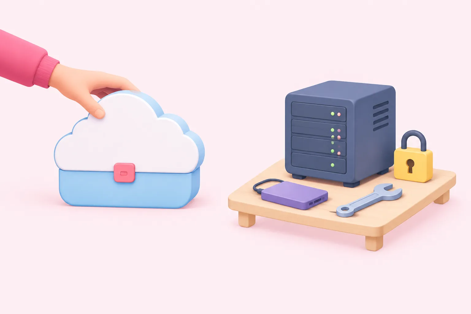 Caja en la nube junto a un servidor autoalojado con herramientas, que contrasta los planes de n8n Cloud y el autoalojamiento